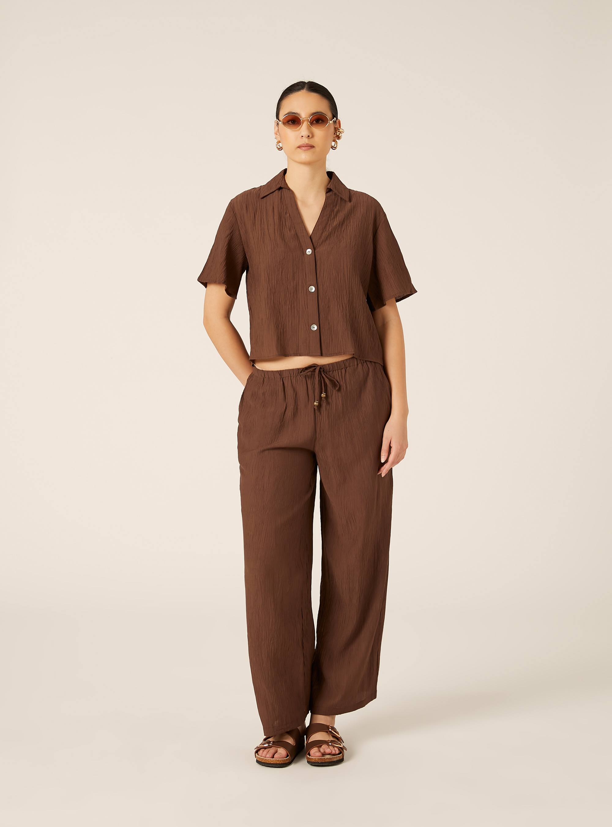 Camicia maniche corte in crepe, BR2 BROWN MEDIUM