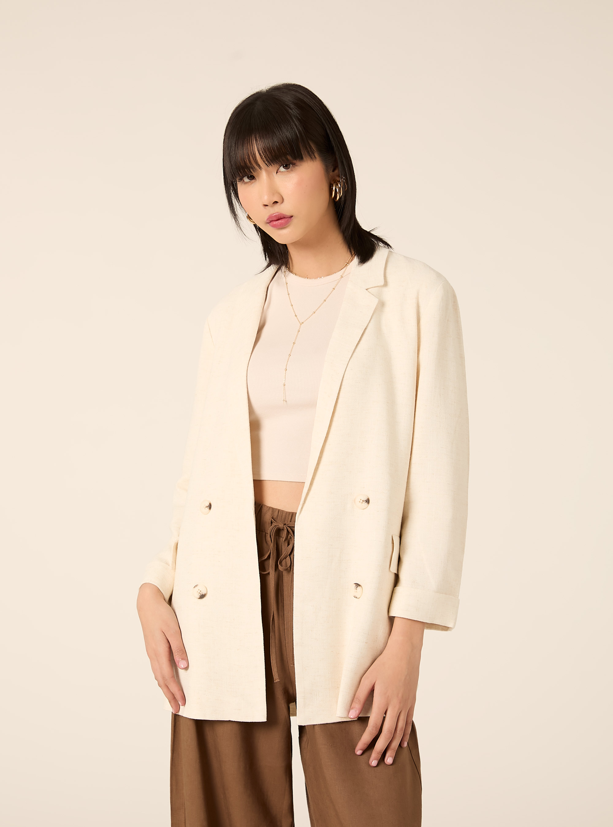 Blazer crois&eacute; en lin m&eacute;lang&eacute;, MBG3 BEIGE MEL LIGHT