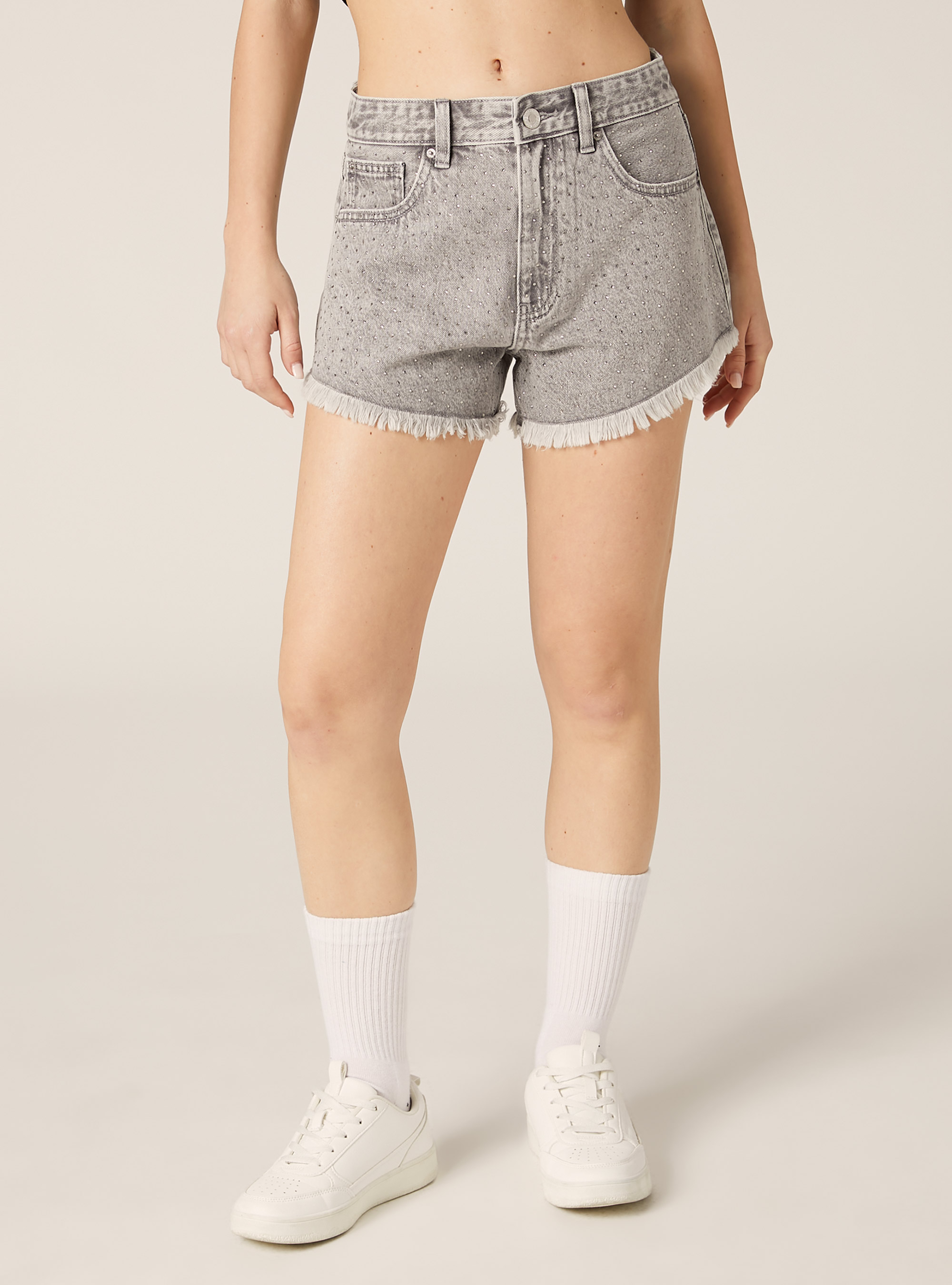 Denim shorts with rhinestones, D00G GREY