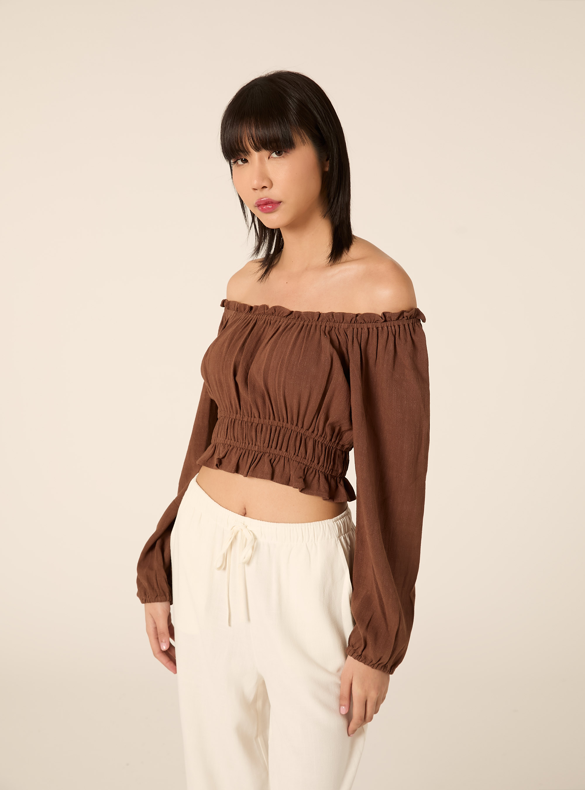 Boho-Bluse aus Leinenmischgewebe, BR2 BROWN MEDIUM