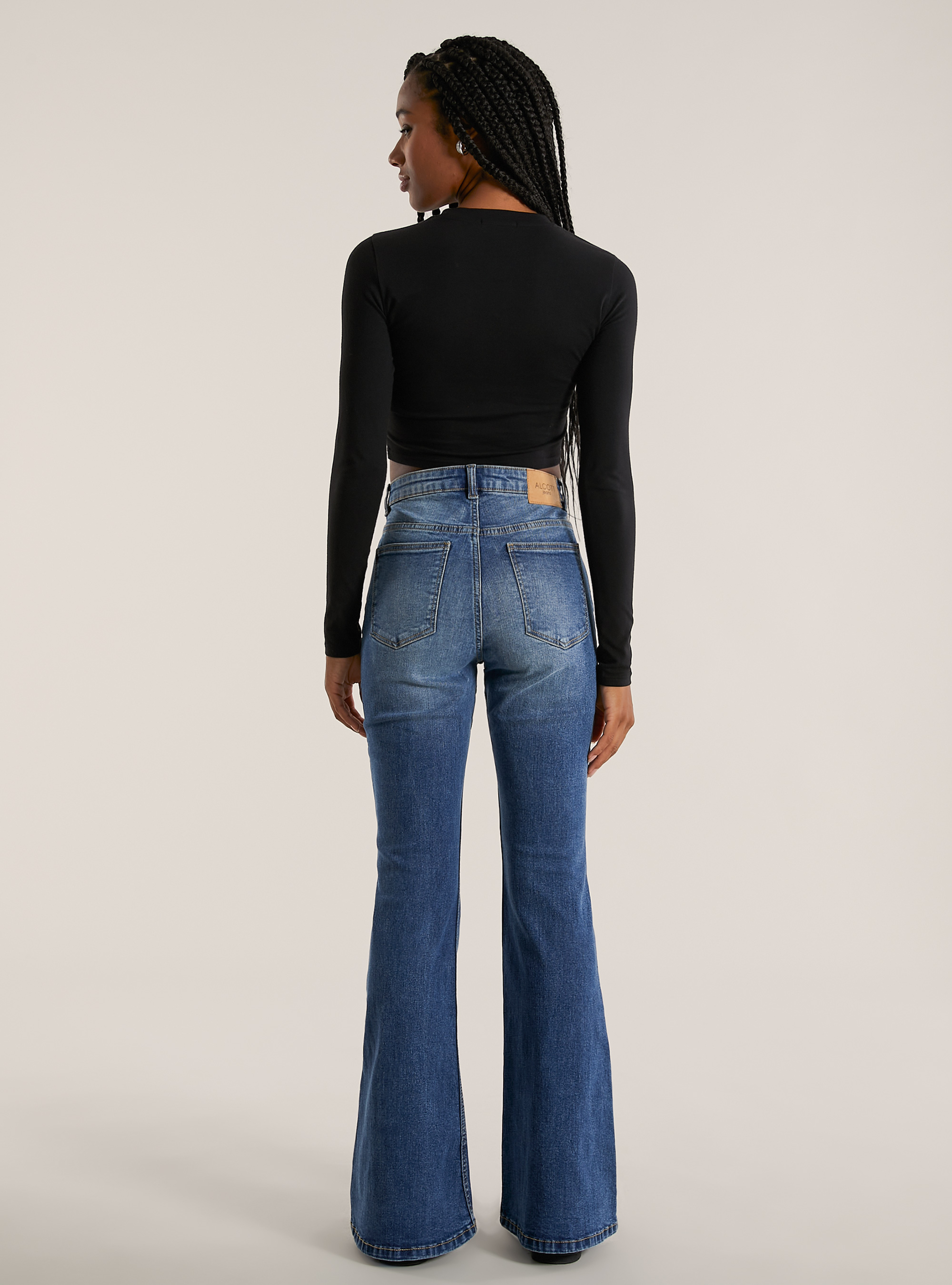 Jean flare taille haute, D002 MEDIUM DARK BLUE