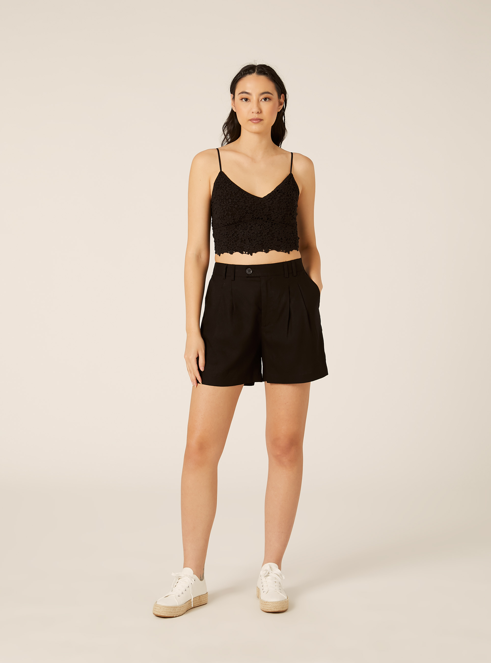 Solid color linen blend shorts, BK1 BLACK