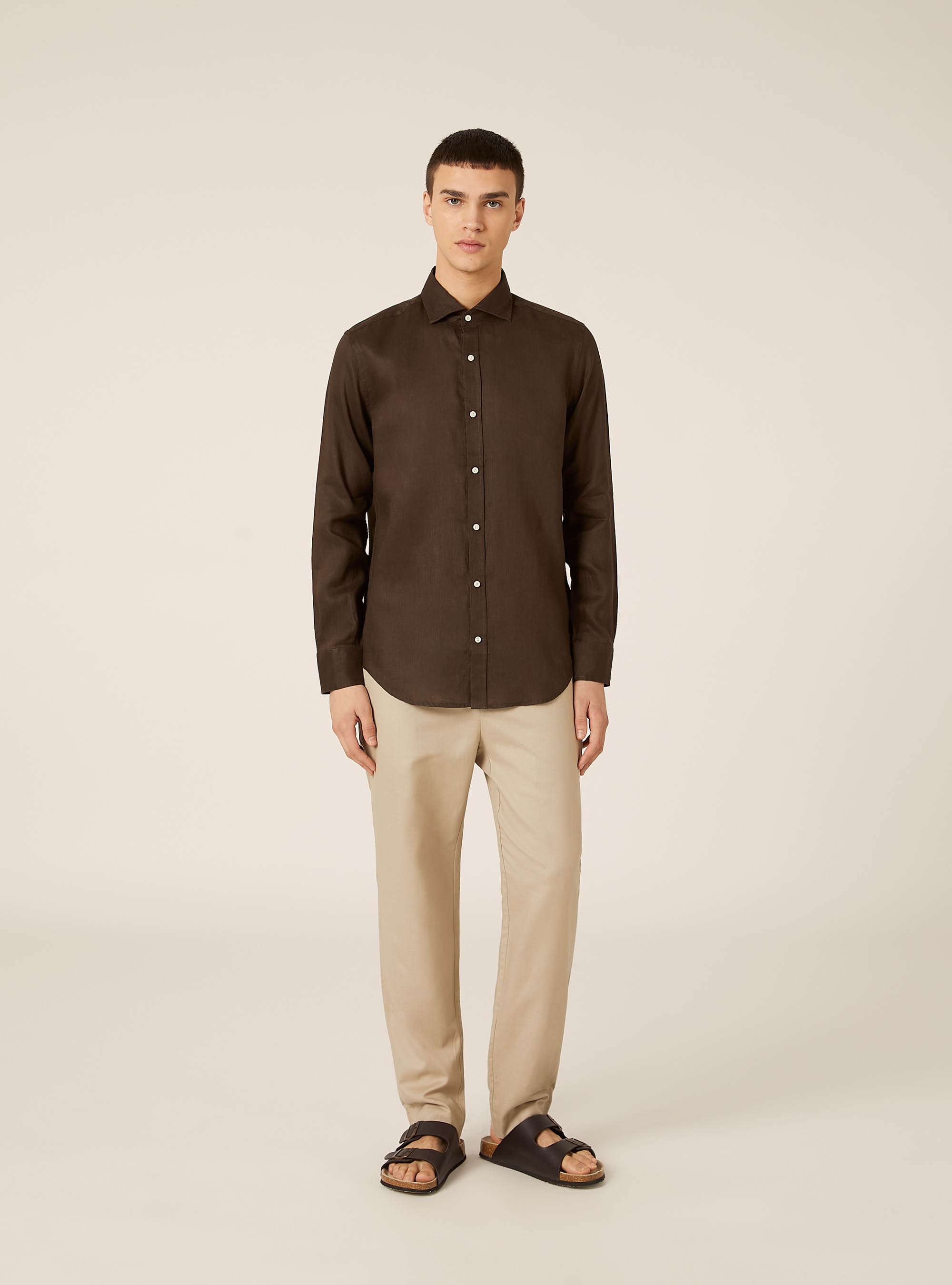 Camisa de lino puro de manga larga, BR2 BROWN MEDIUM