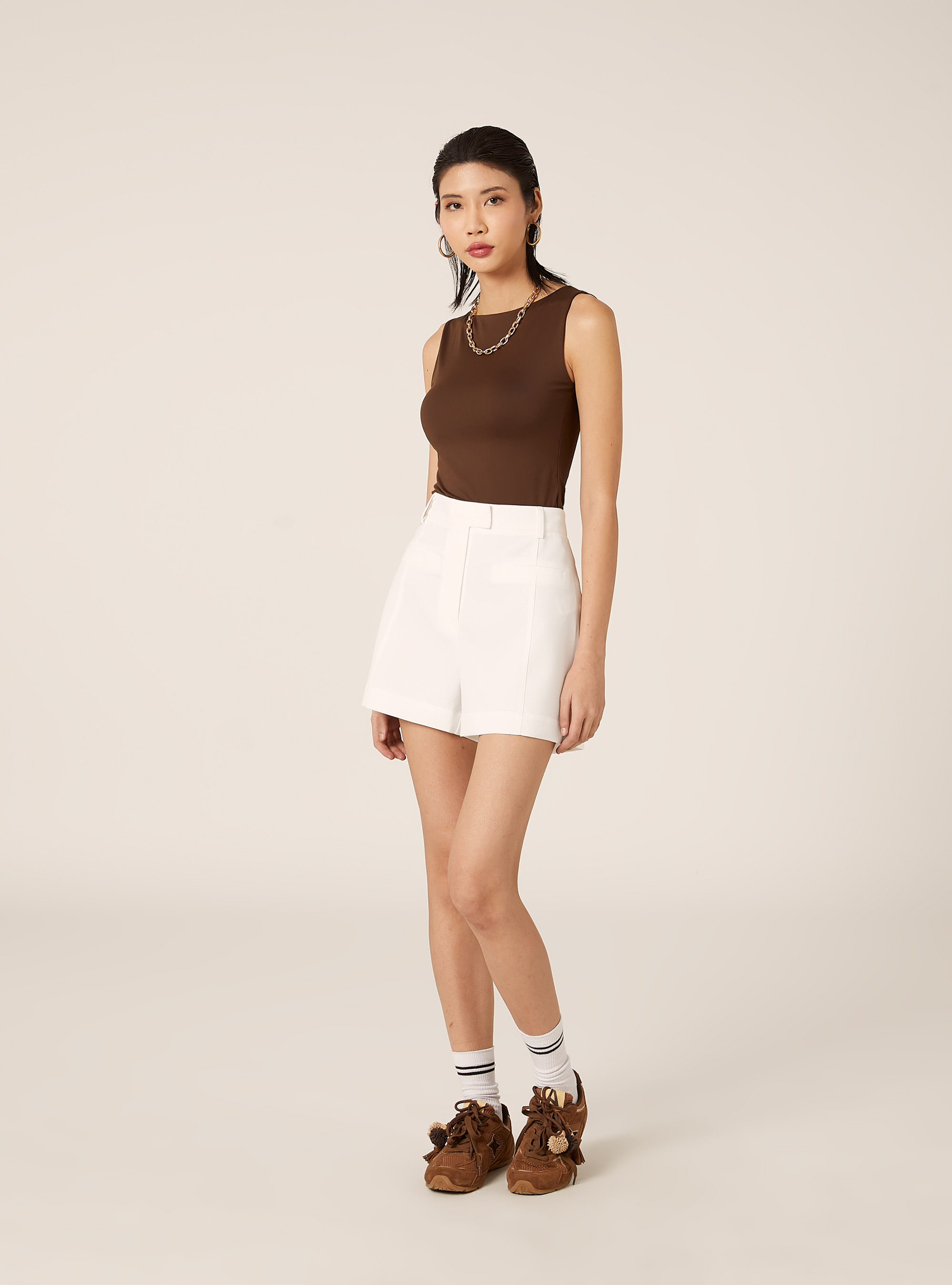 Shorts de Crep&eacute; de Color Liso, WH1 OFF WHITE