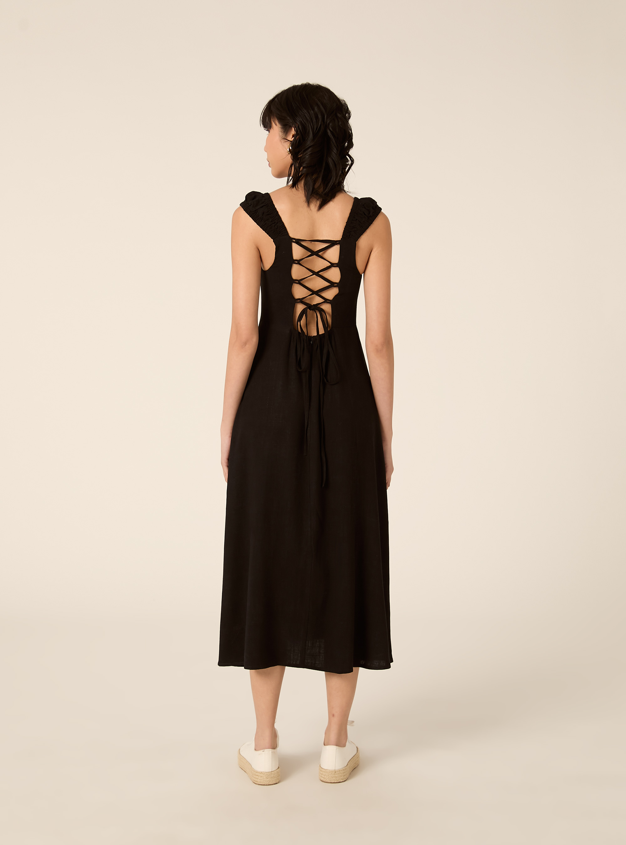 Linen-blend dress with an open back, BK1 BLACK