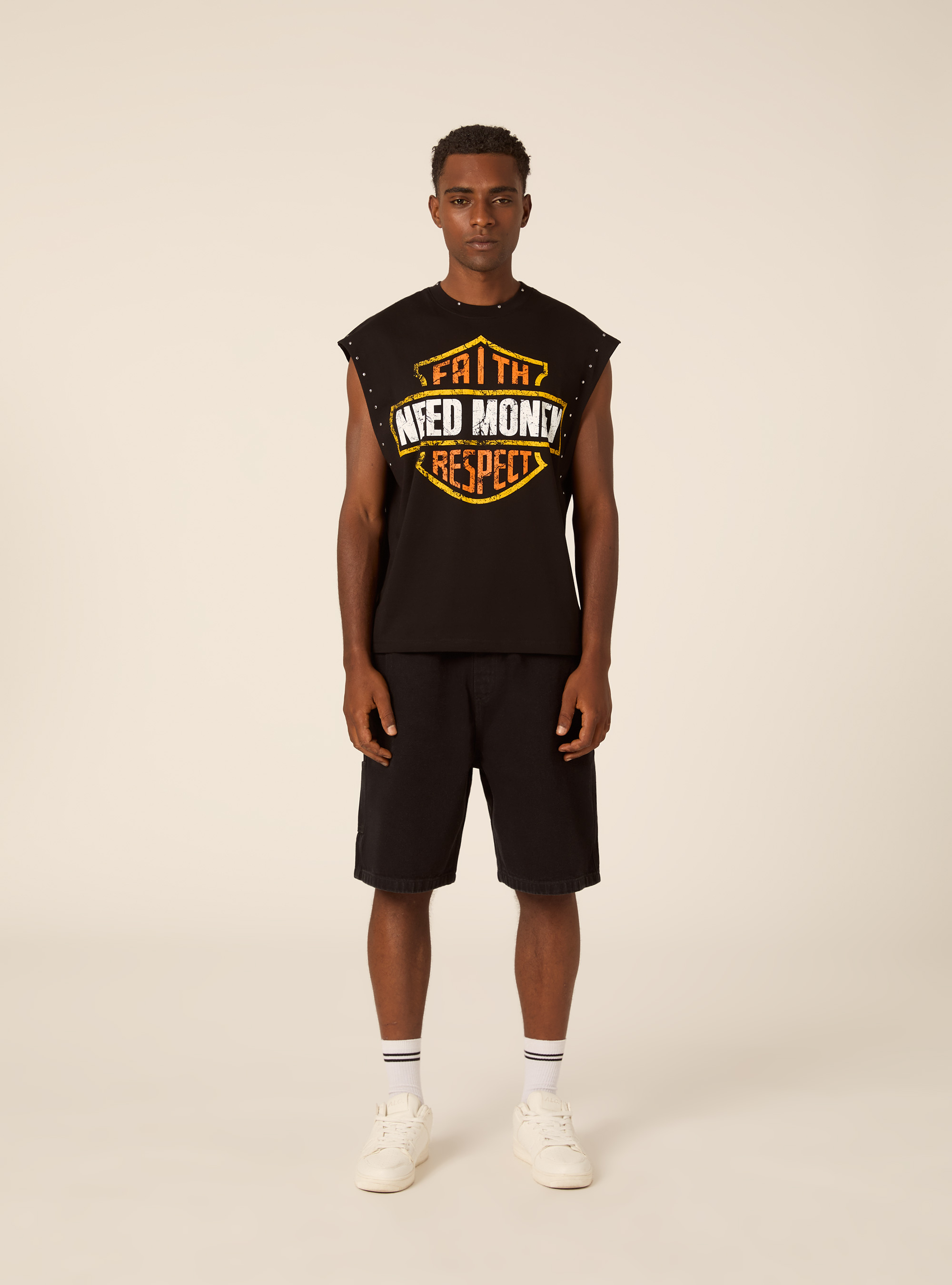 Oversized Sleeveless T-Shirt with Biker Graphic and Studs, BK1 BLACK