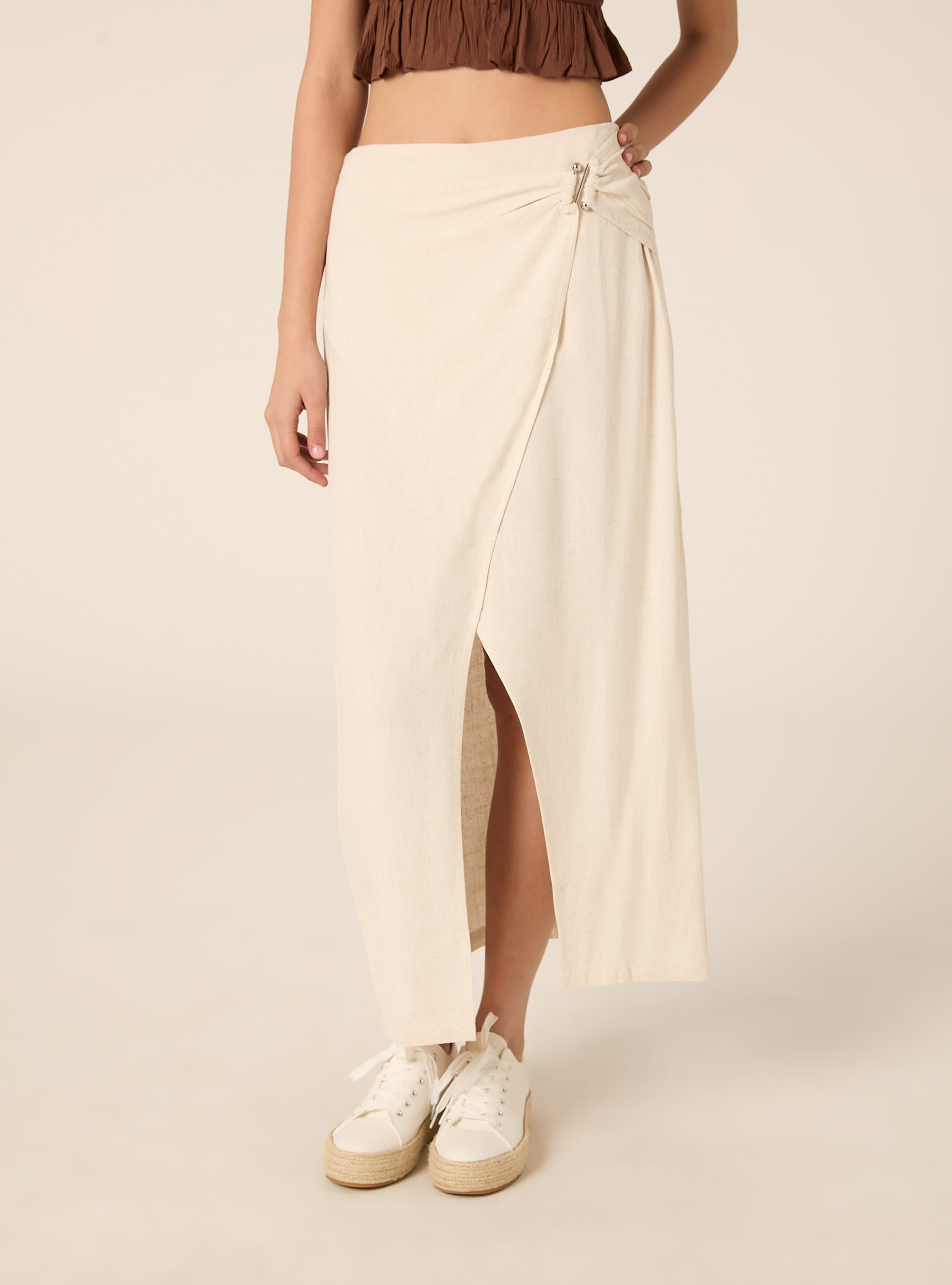 Falda midi asim&eacute;trica en mezcla de lino, MBG3 BEIGE MEL LIGHT
