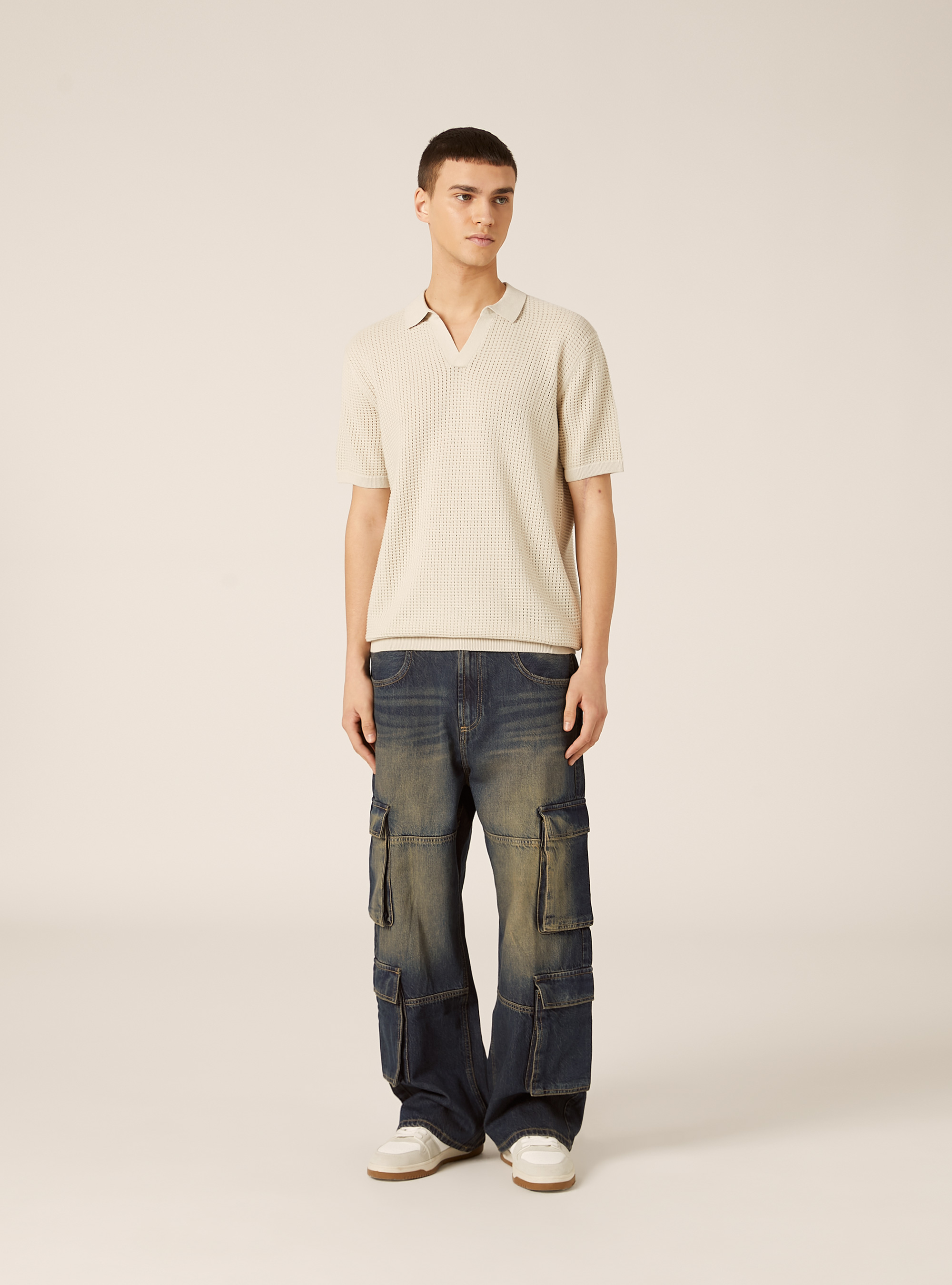 Openwork Knit Polo Shirt, CR3 CREAM LIGHT