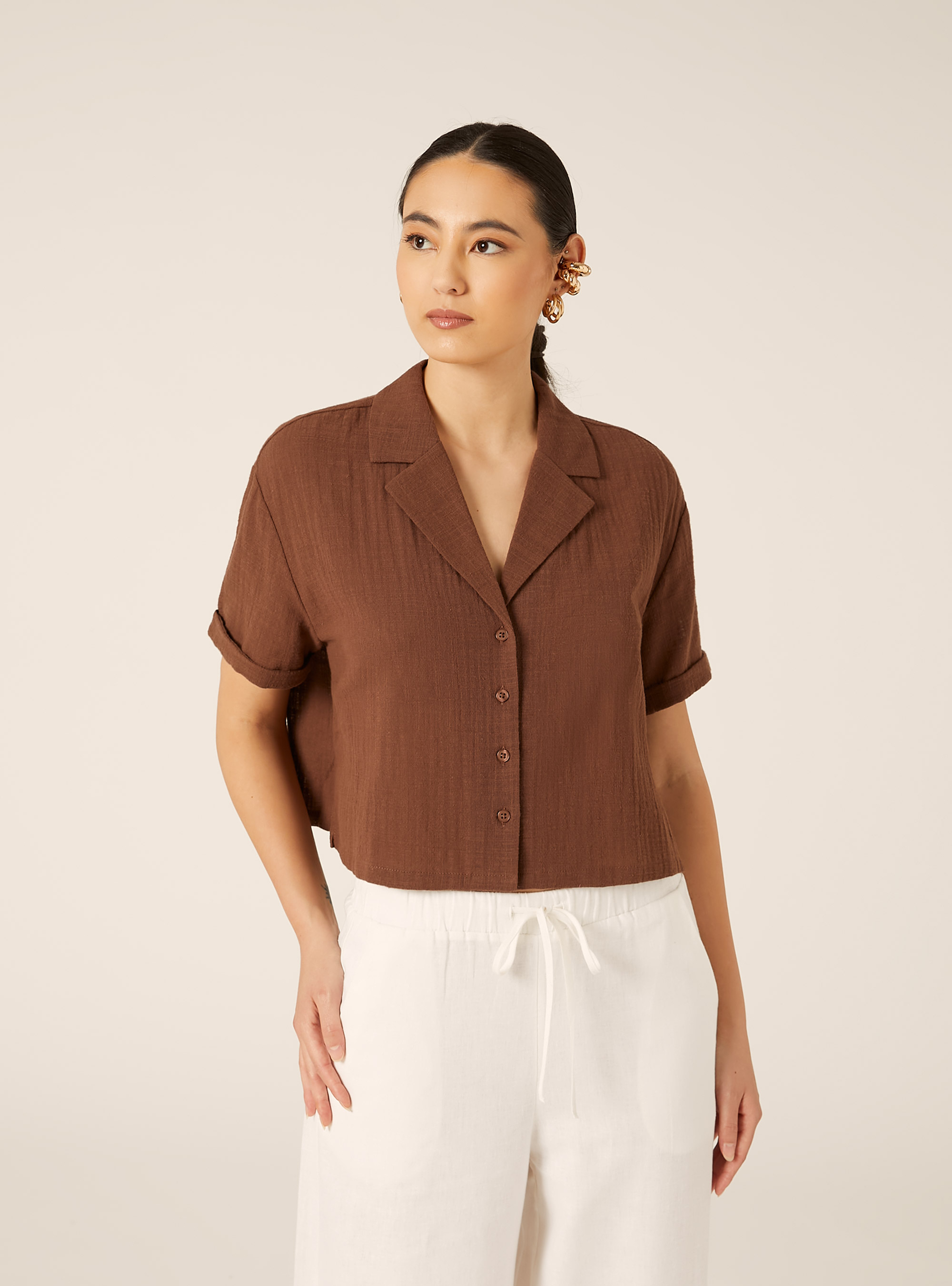 Camicia maniche corte crop, MARRONE MEDIO