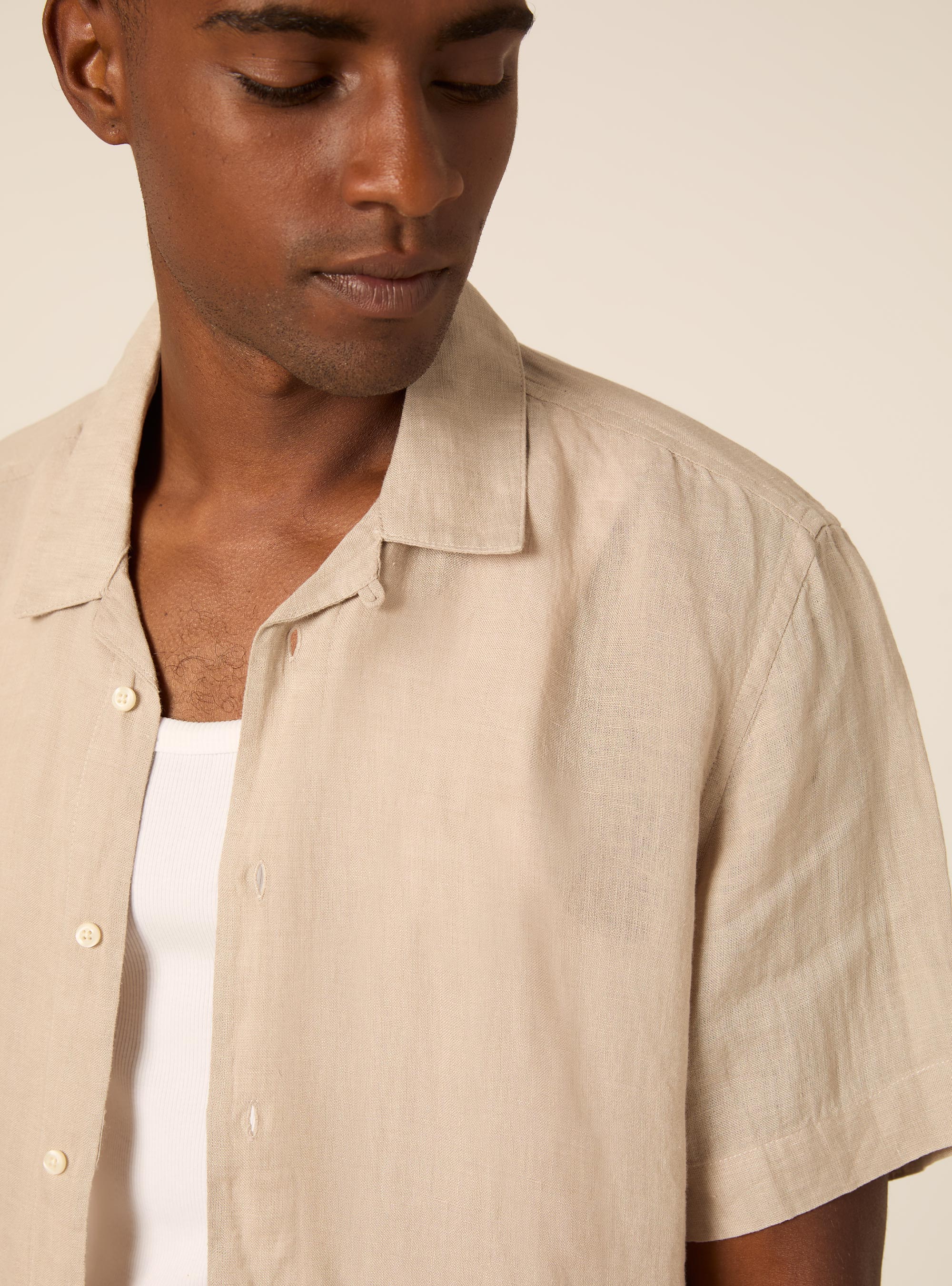 Short Sleeve Bowling Shirt, MBG2 BEIGE MEL MED