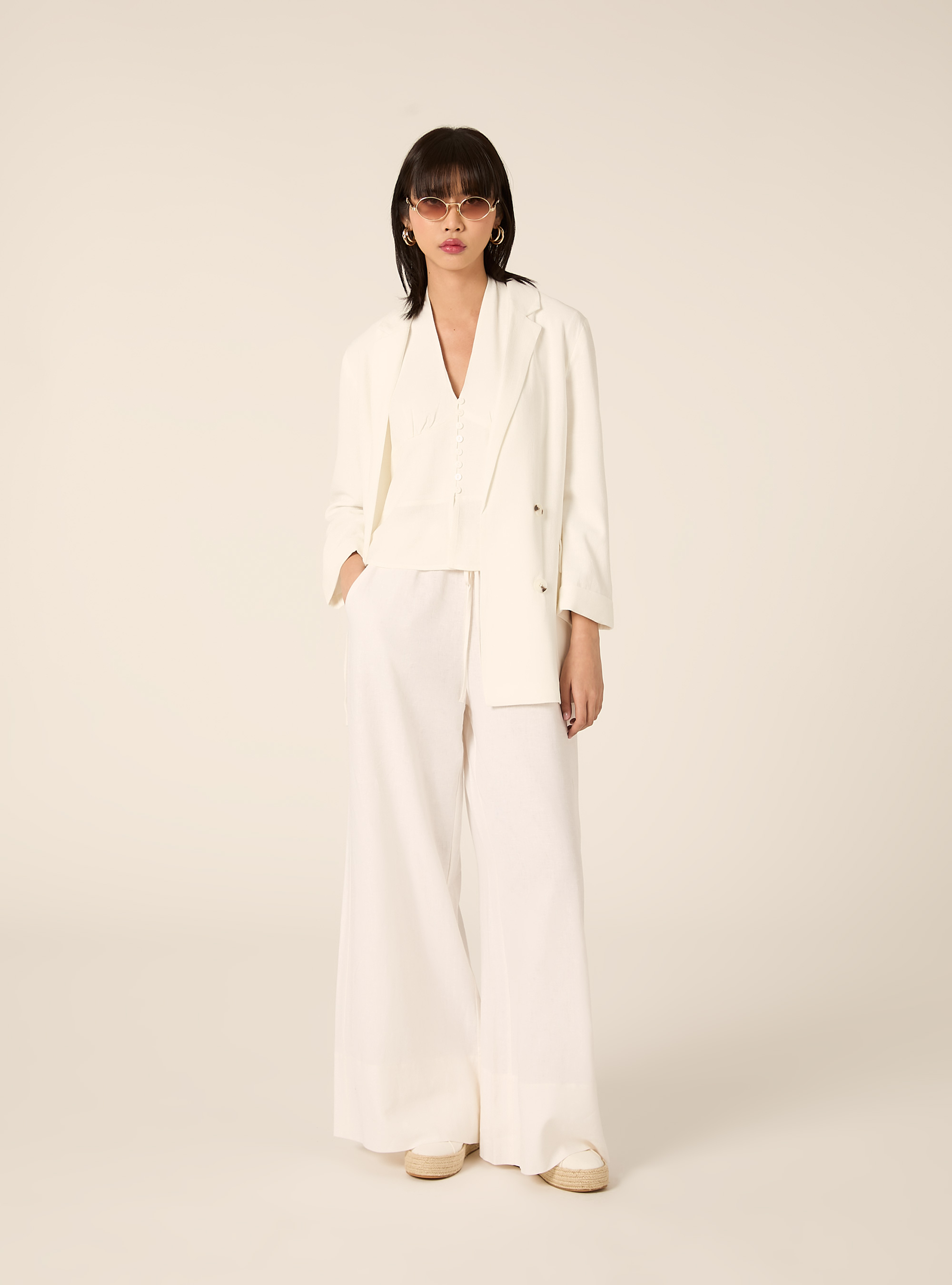 Blazer crois&eacute; en lin m&eacute;lang&eacute;, WH2 WHITE