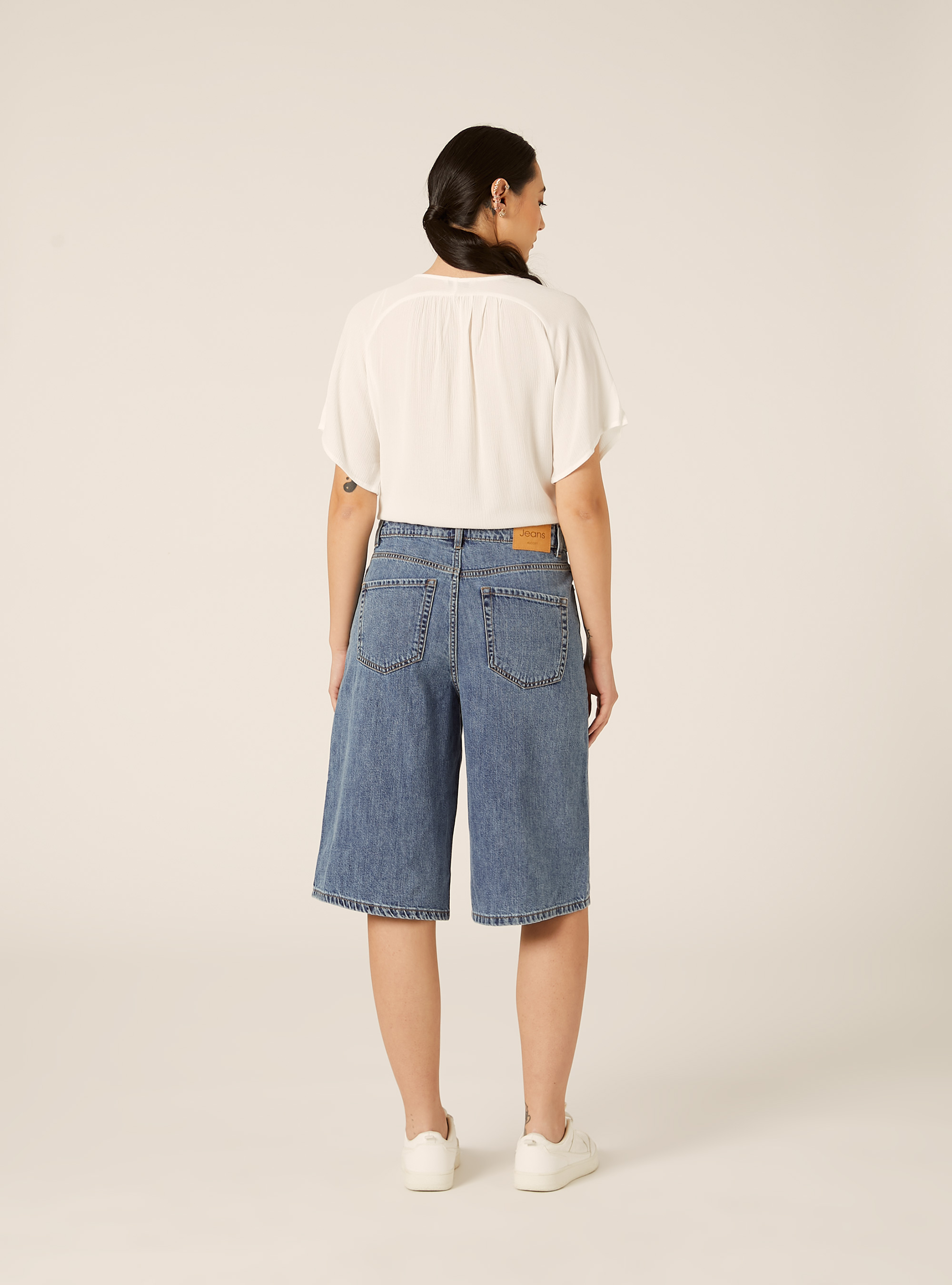 Camicia scollo a v tinta unita e nodo in vita, OFF WHITE