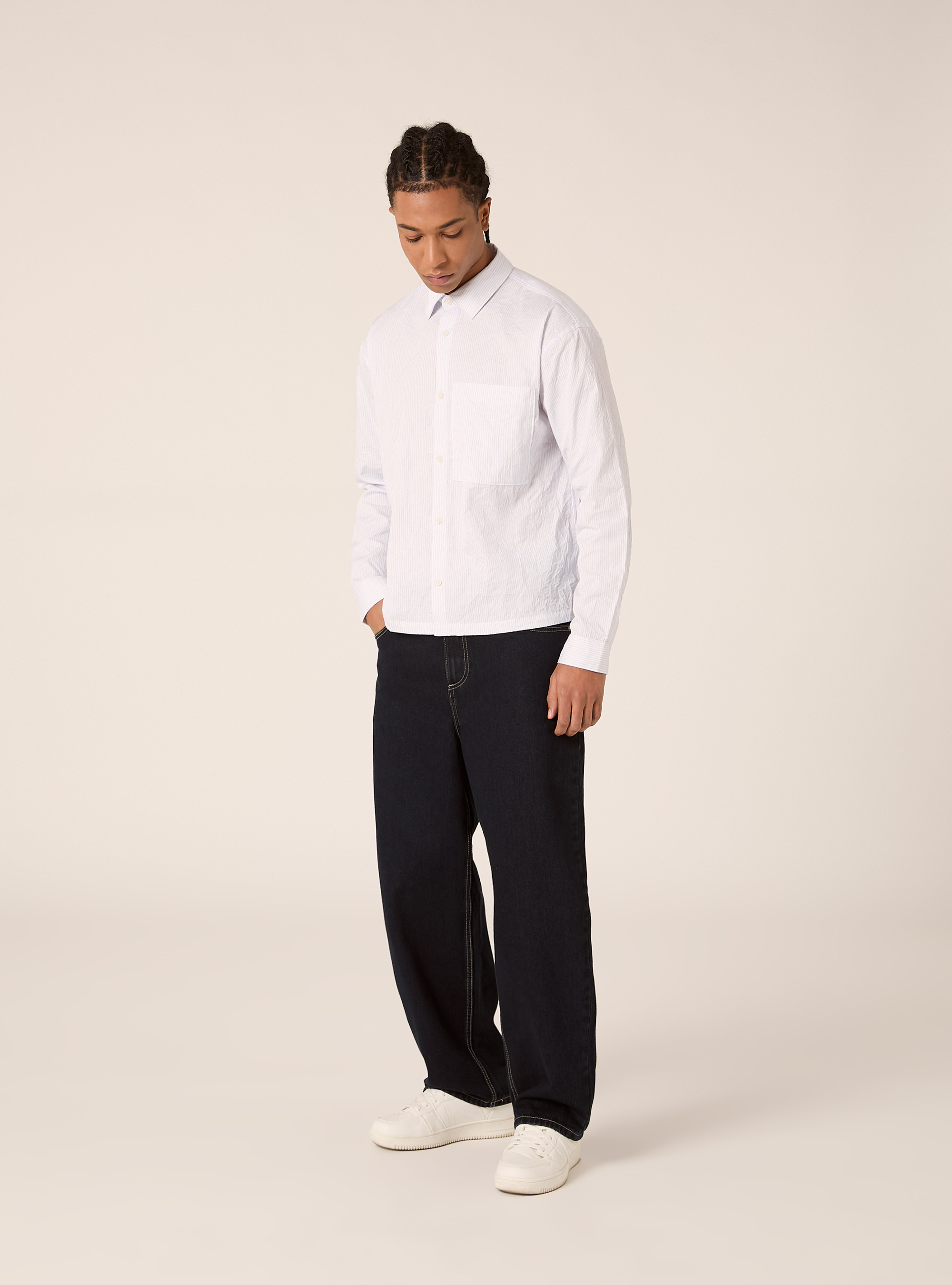 Camicia boxy fit effetto stropicciato a righe, PANNA