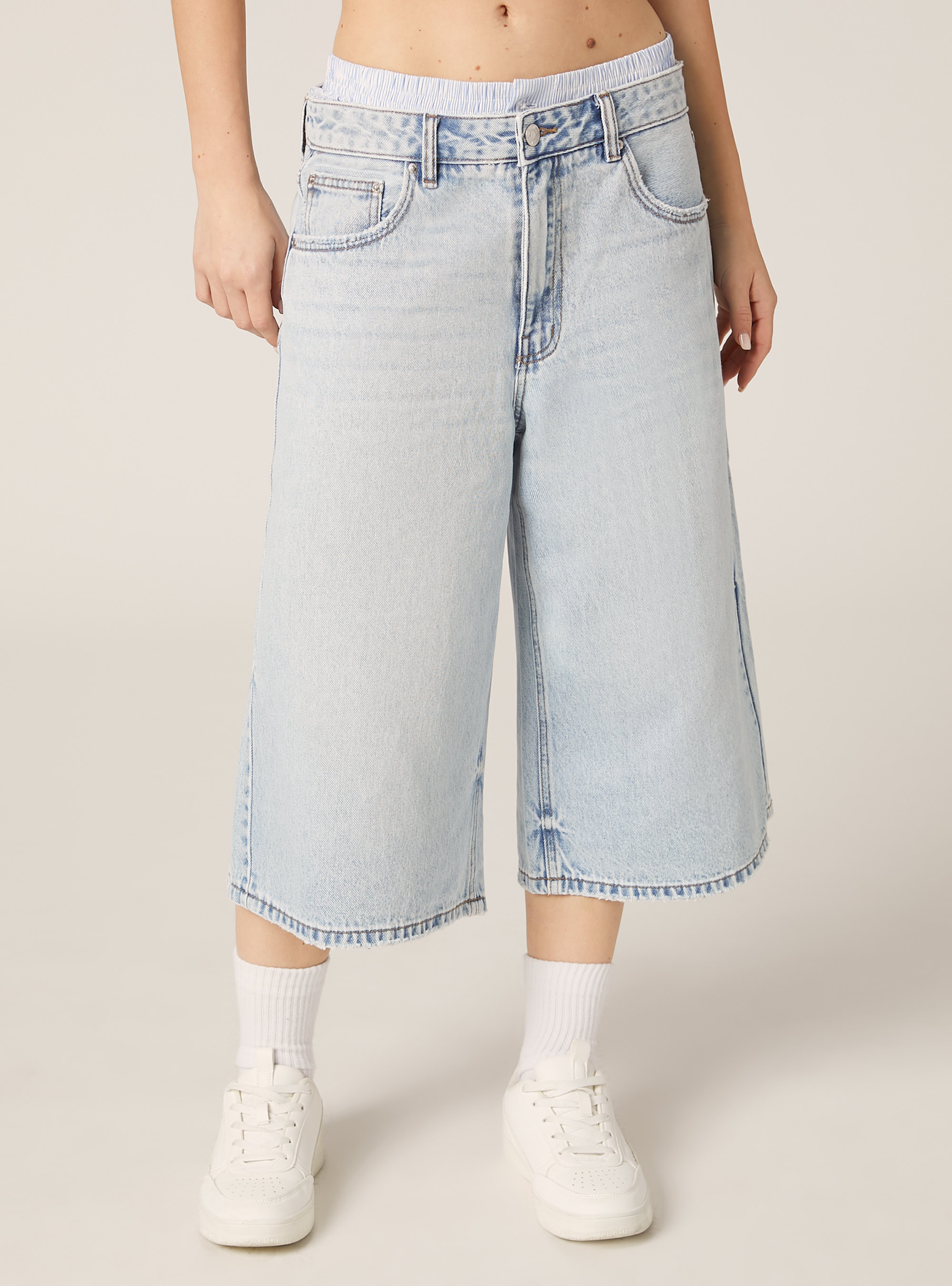 Jorts in denim con vita combinata, D006 AZURE
