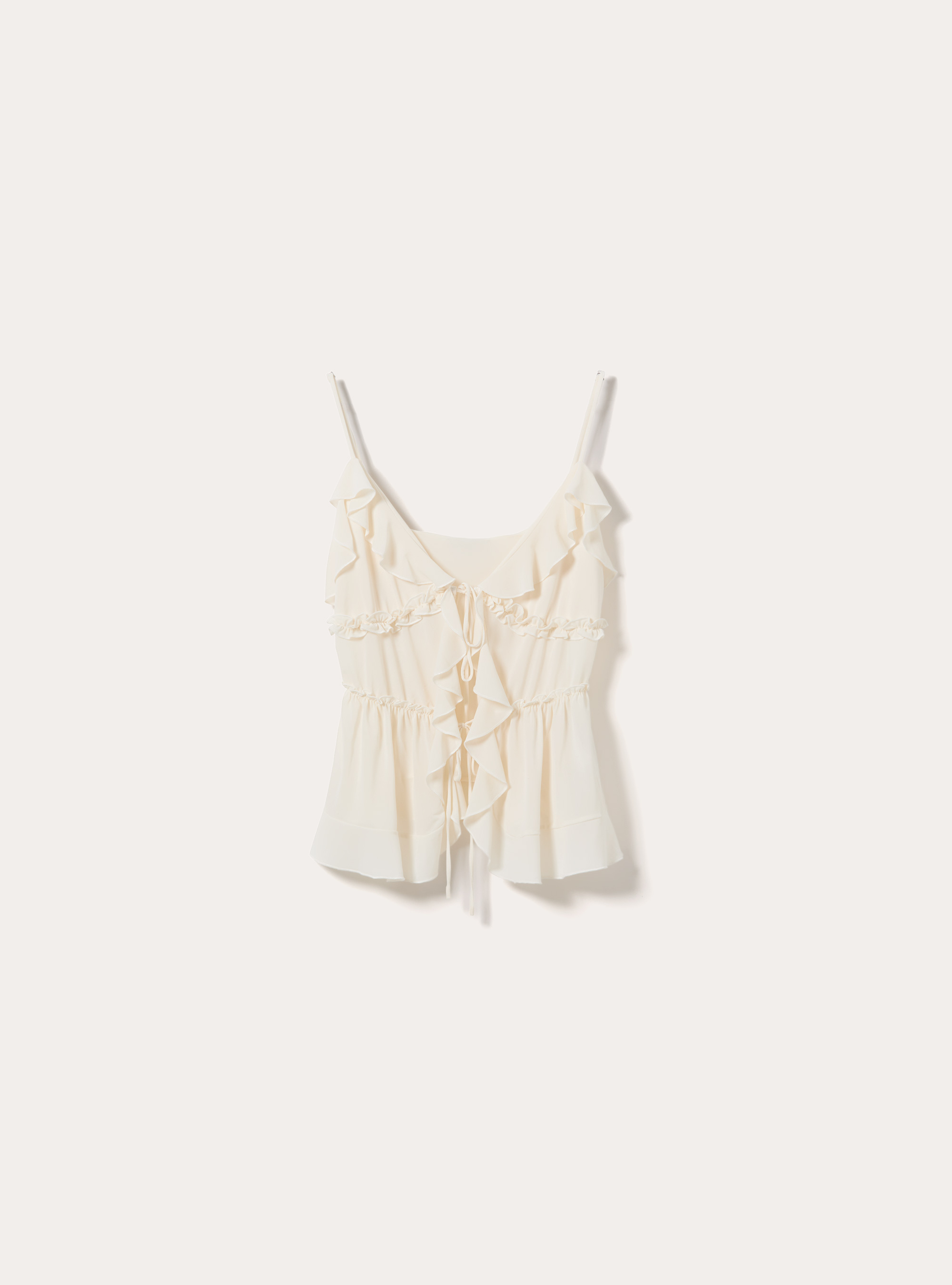 Ruffled Cami Top with Front Tie Details, WH1 OFF WHITE