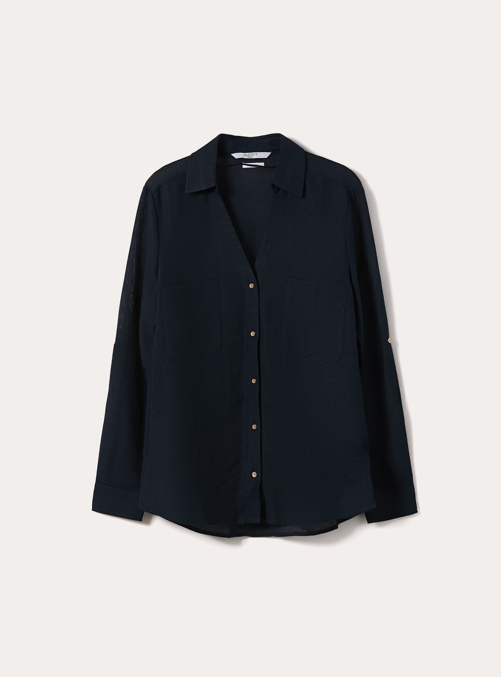 Camicia in misto lino con scollo a V, NAVY SCURO