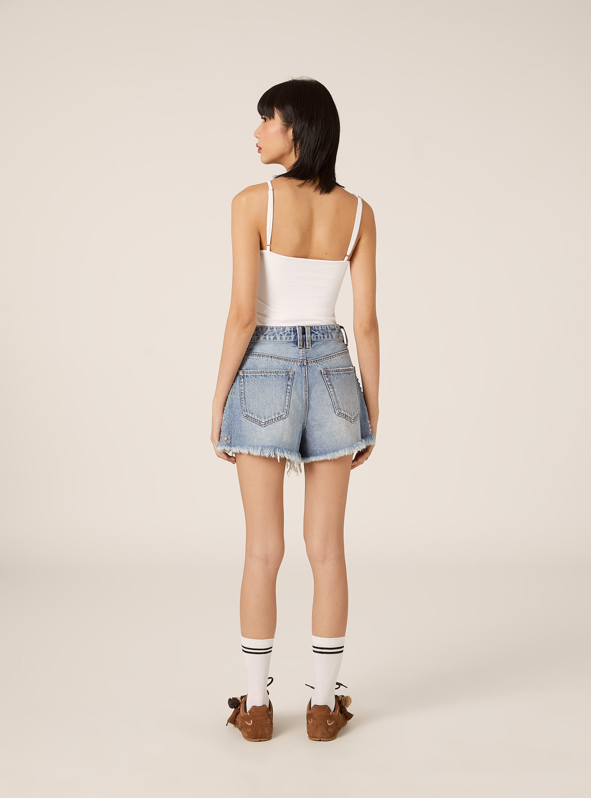 Shorts in denim con borchie, D006 AZURE