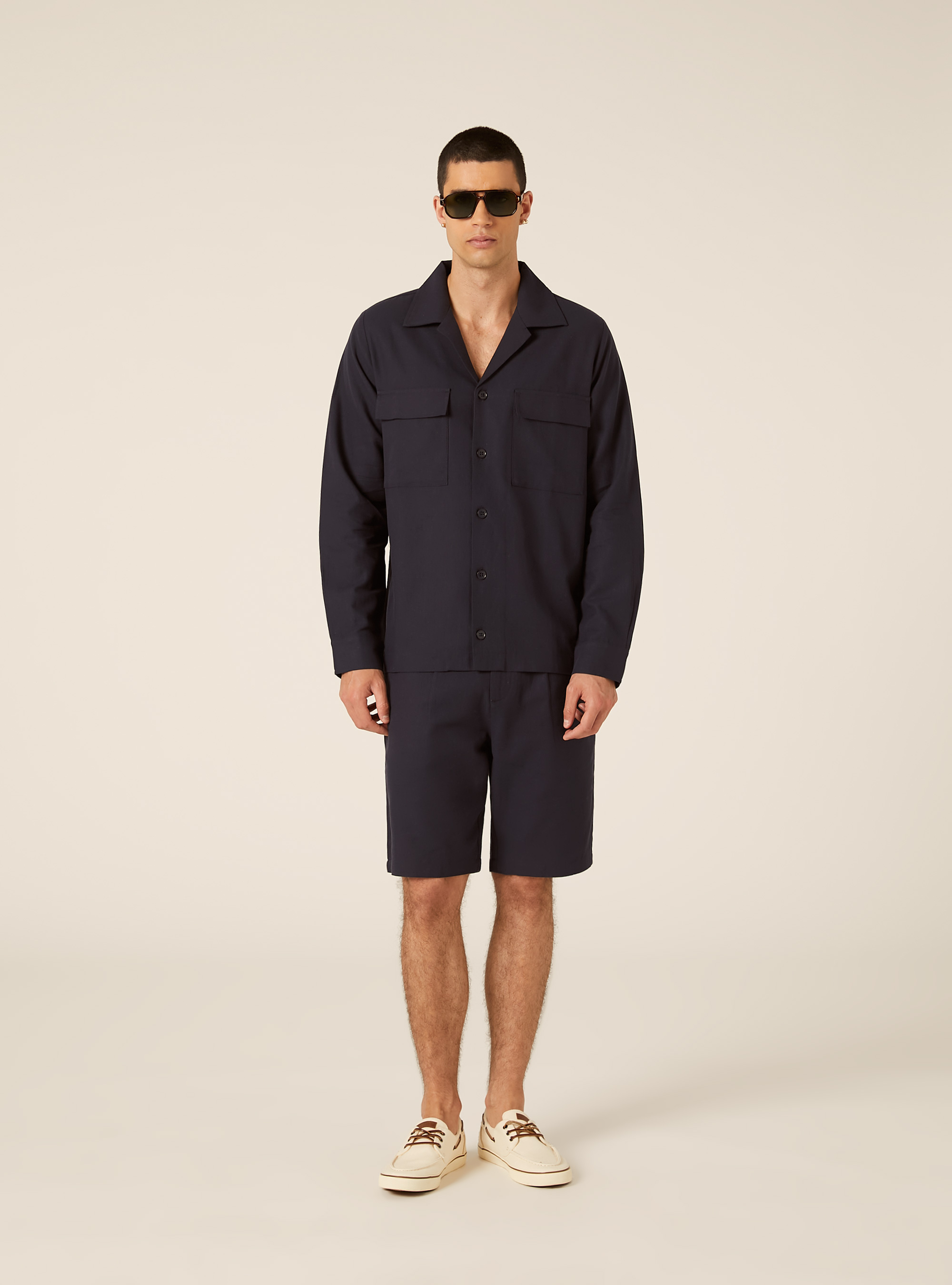Linen Blend Utility Shirt with Flap Pockets, NA1 NAVY DARK