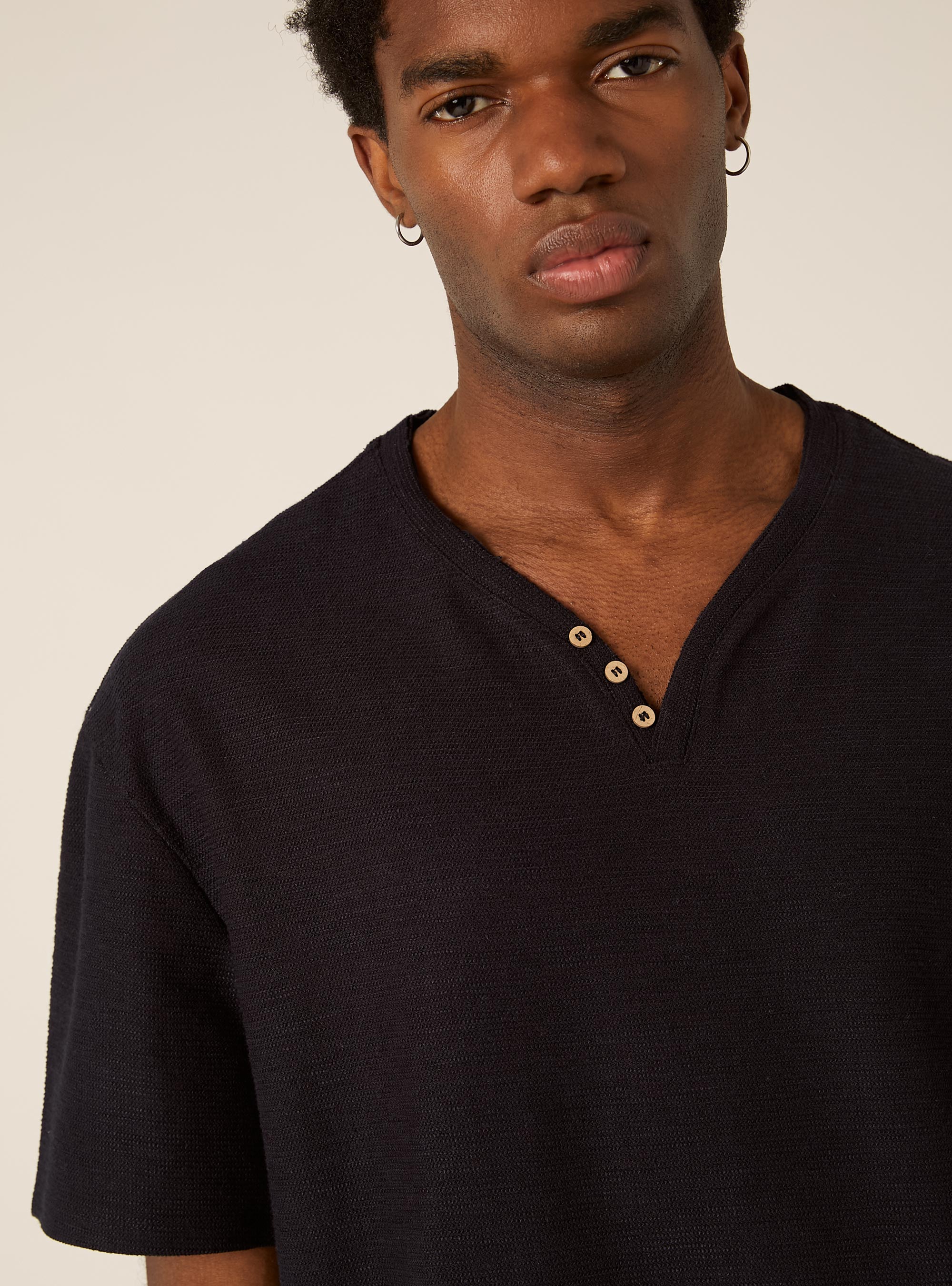 Henley T-shirt in Waffle Fabric, NA1 NAVY DARK