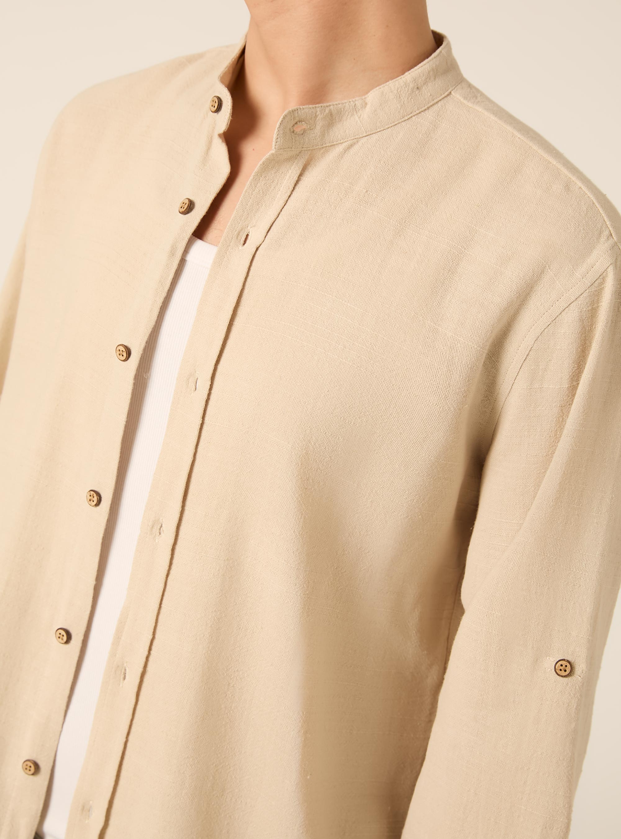 Linen blend shirt with mandarin collar, BG3 BEIGE LIGHT