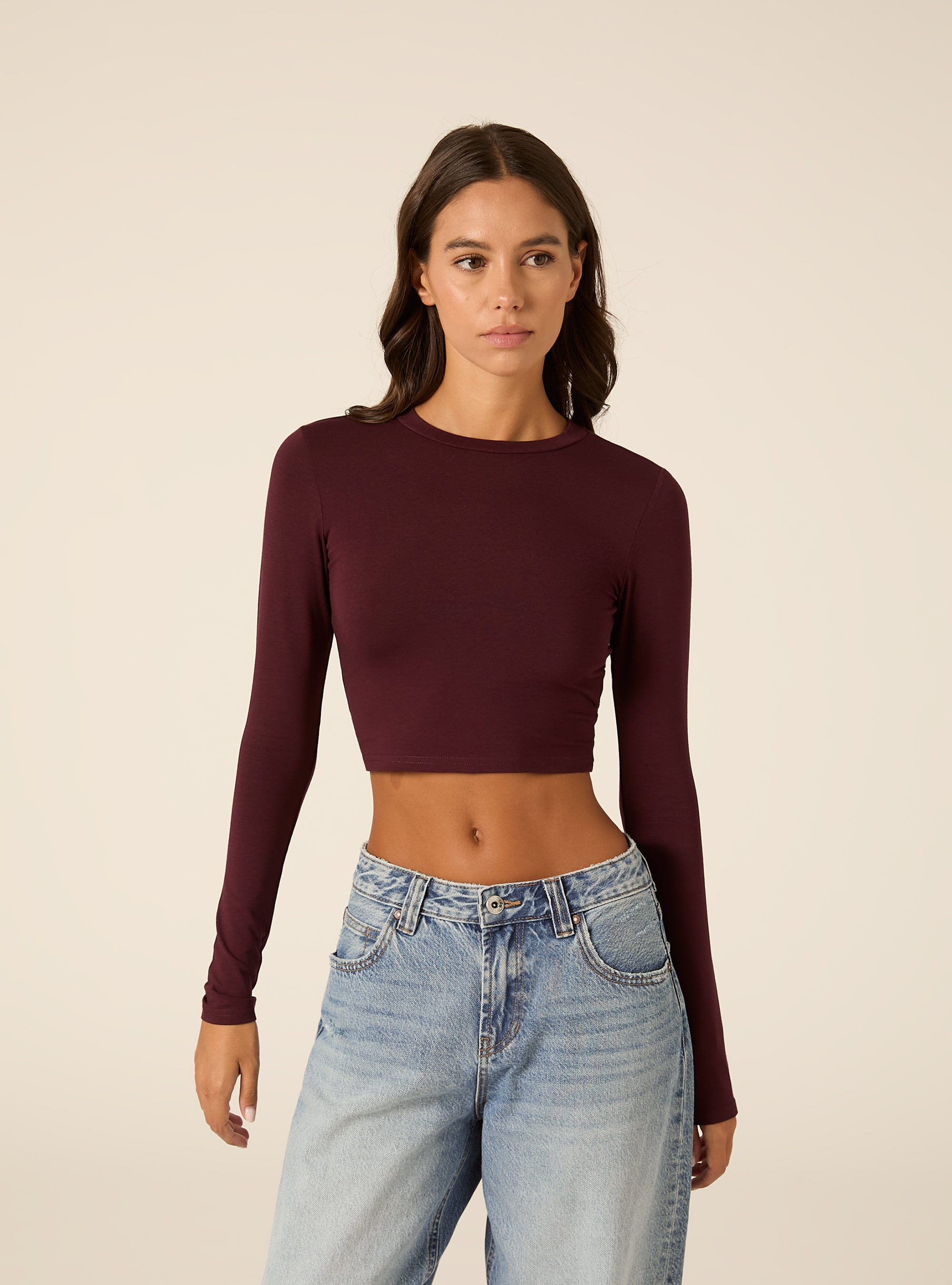 Camiseta Crop de Manga Larga con Cuello Redondo, BO1 BORDEAUX DARK