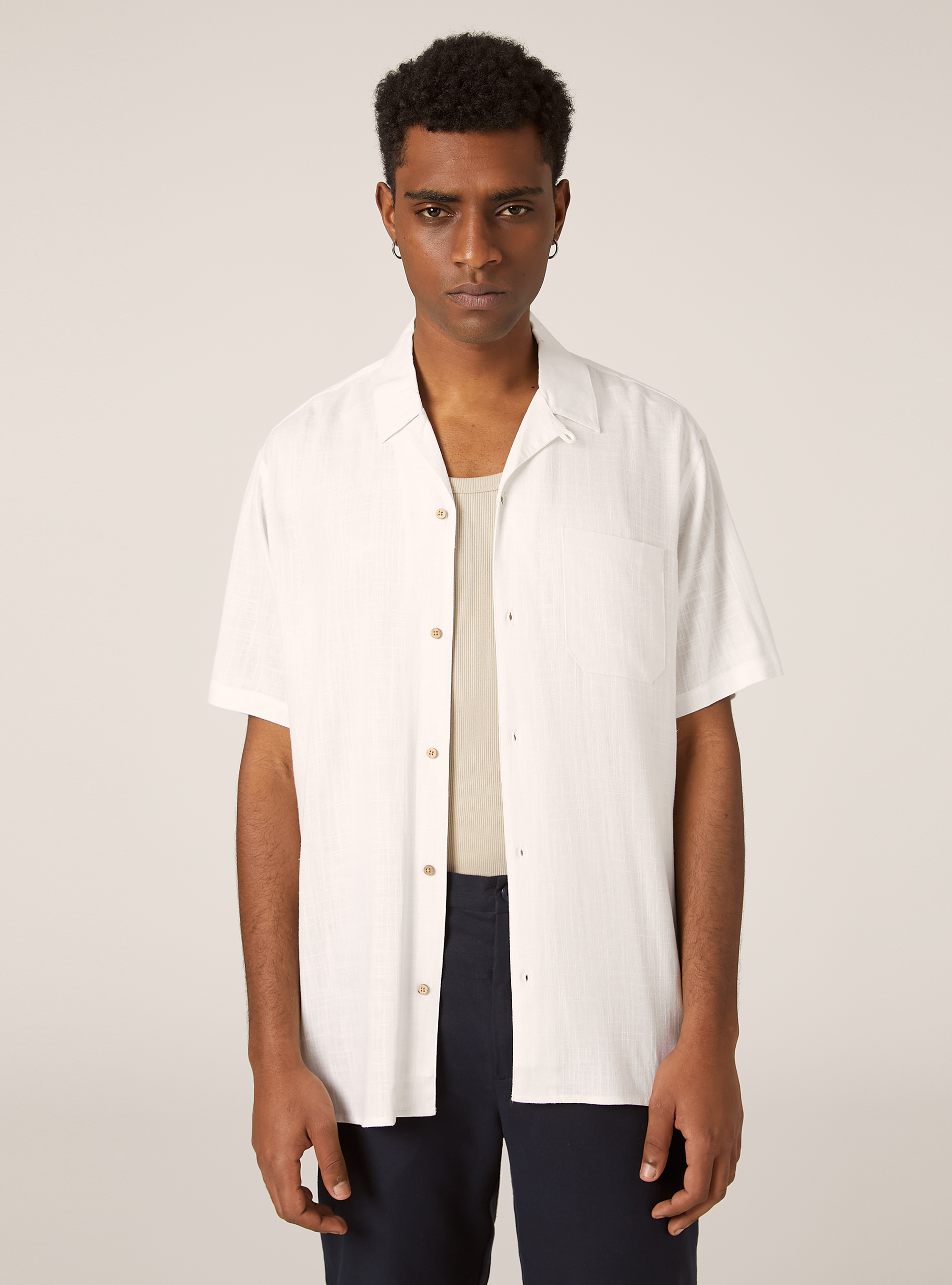 Chemise en lin m&eacute;lang&eacute; avec col bowling, WH1 OFF WHITE