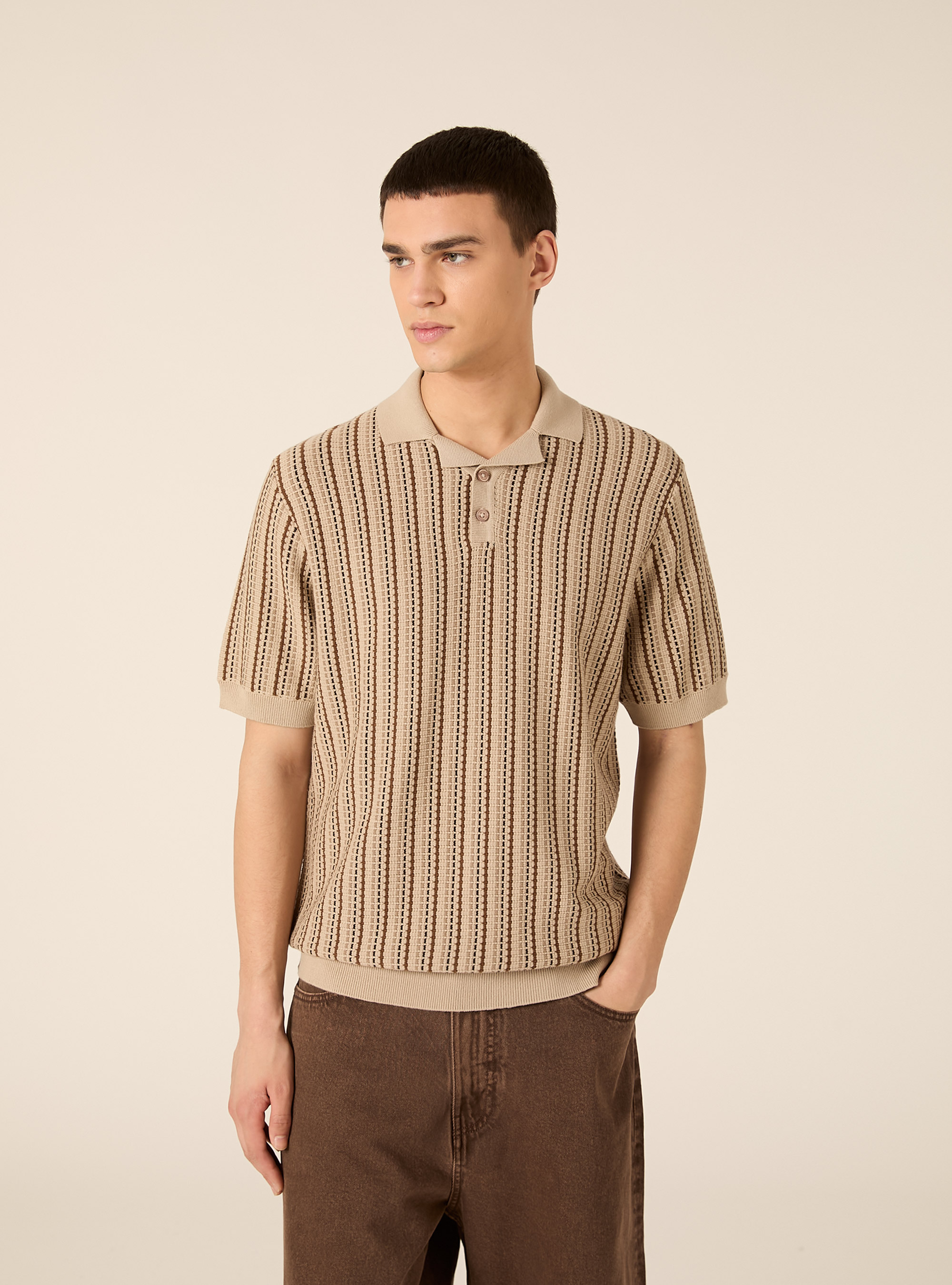 Striped Knit Polo Shirt, BG2 BEIGE MEDIUM