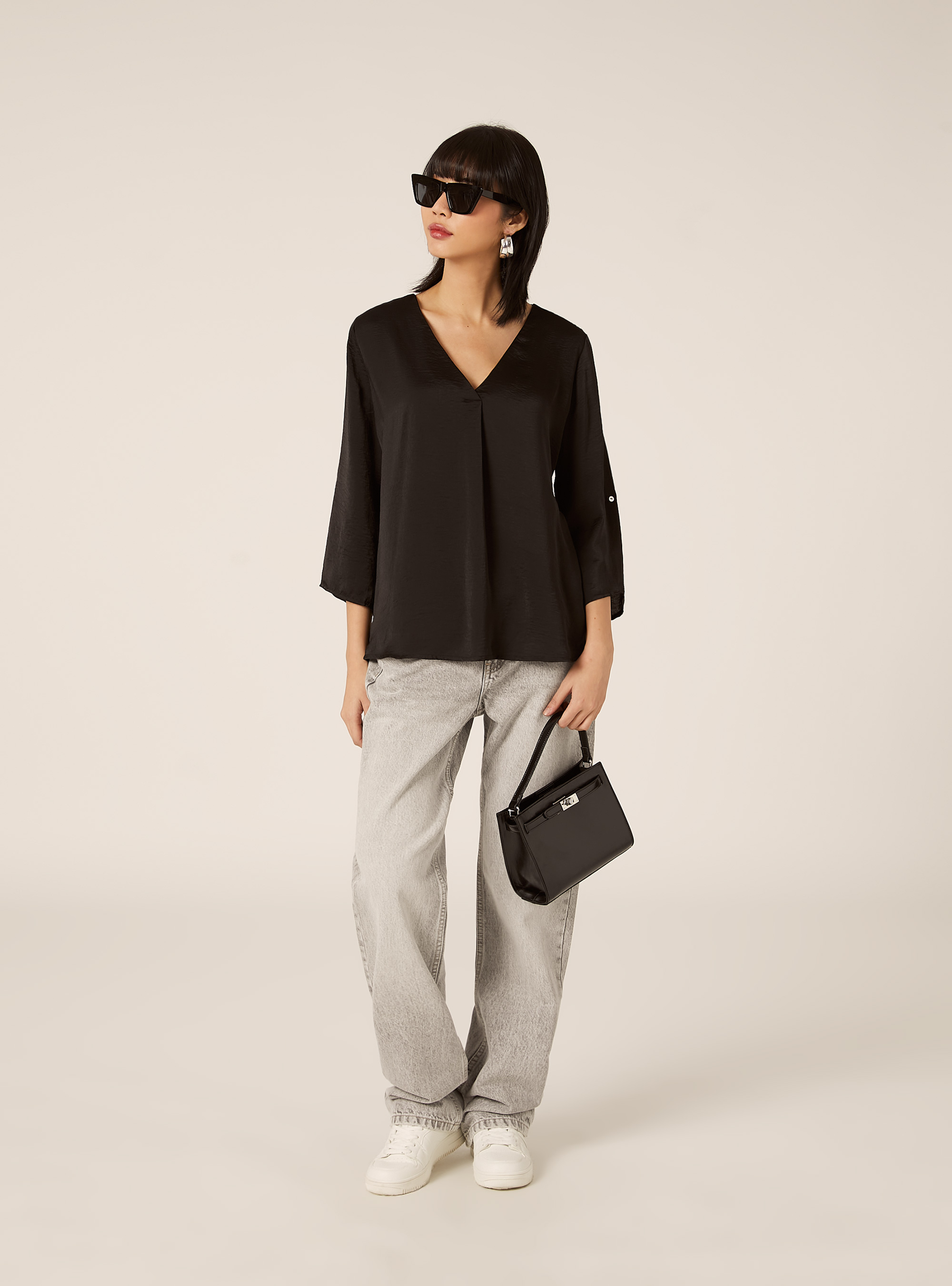 Blouse &agrave; encolure unie, BK1 BLACK
