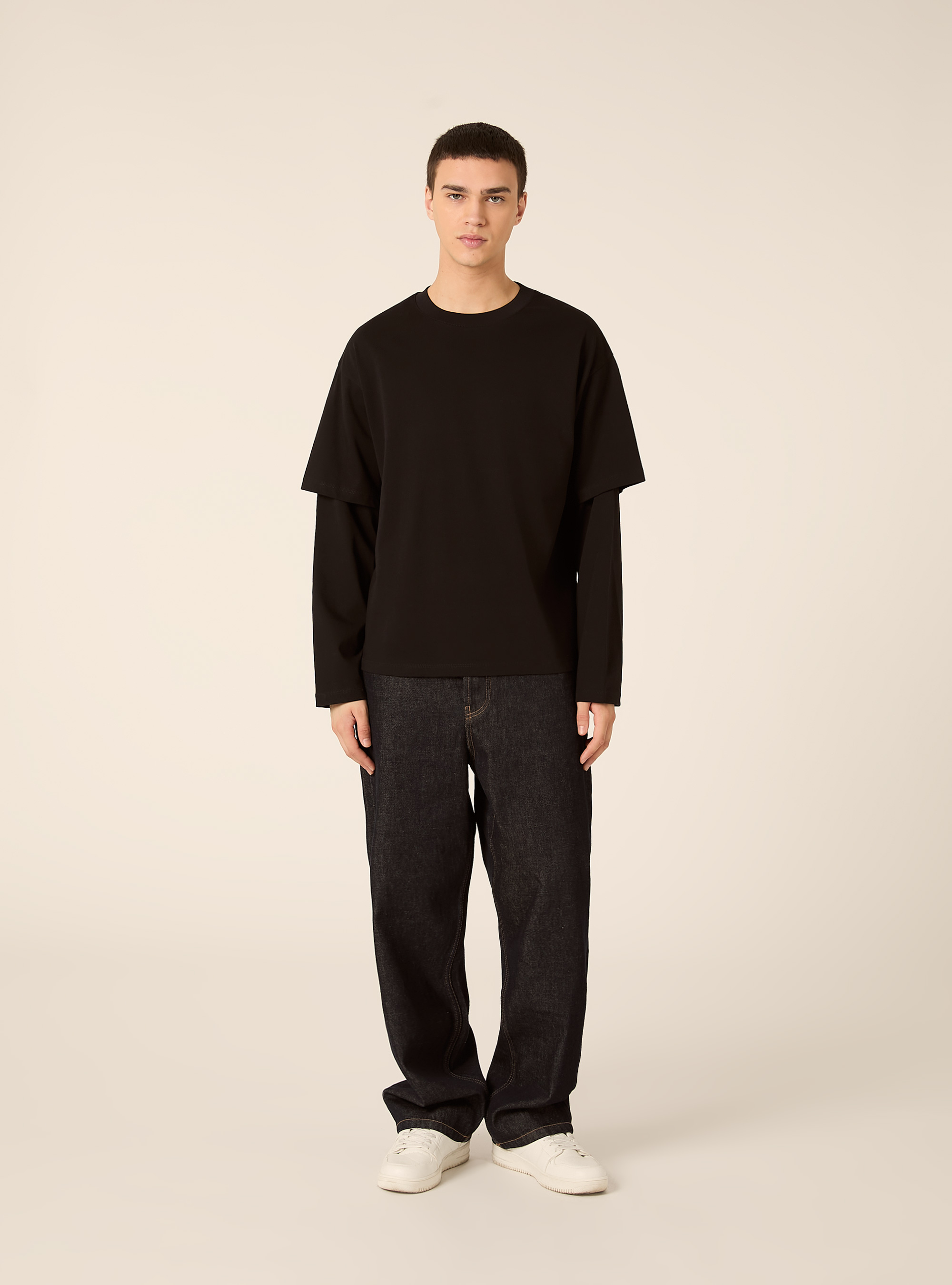 T-shirt with layered sleeves, BK1 BLACK