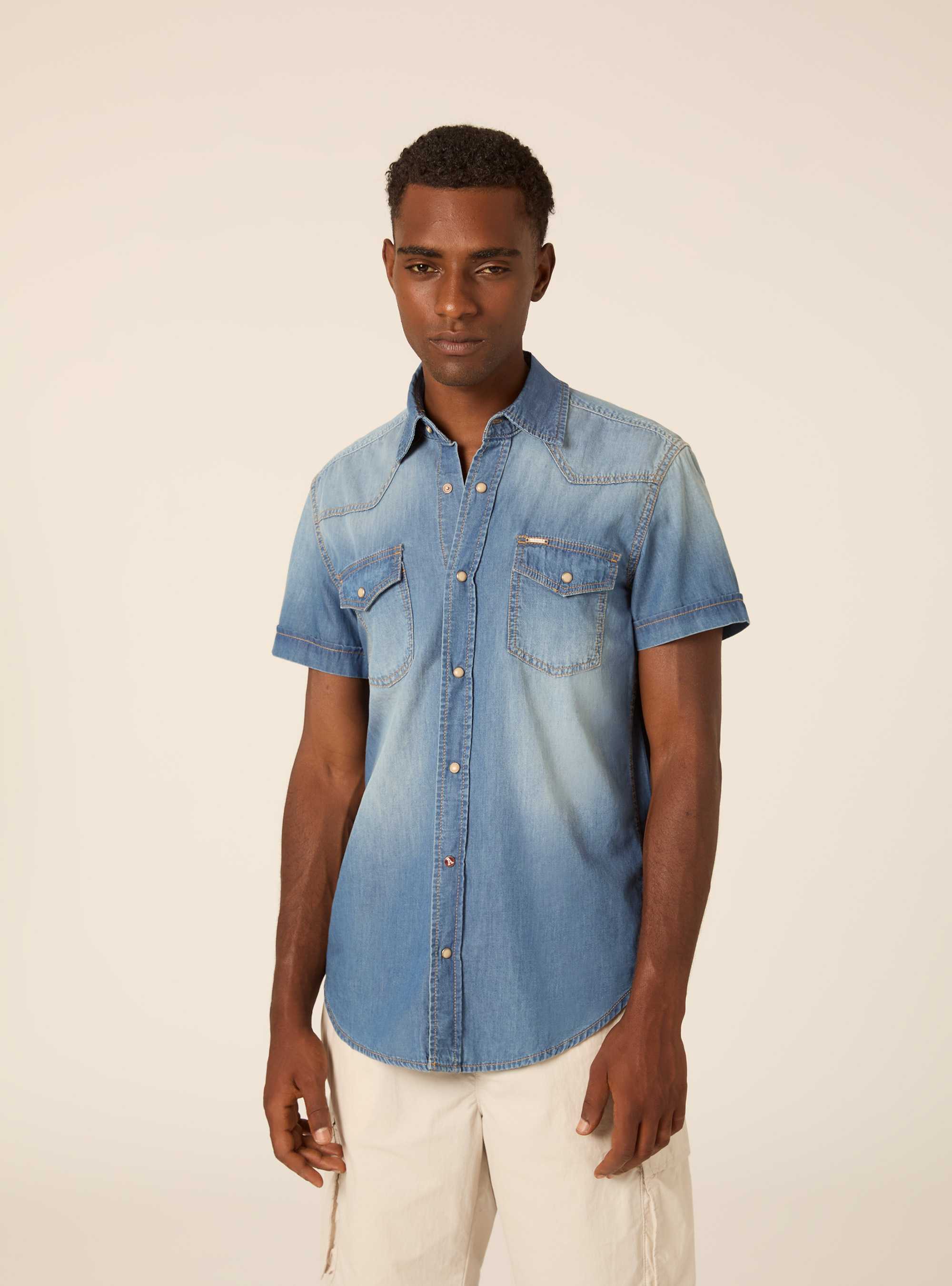 Short Sleeve Western Denim Shirt, D003 MEDIUM BLUE