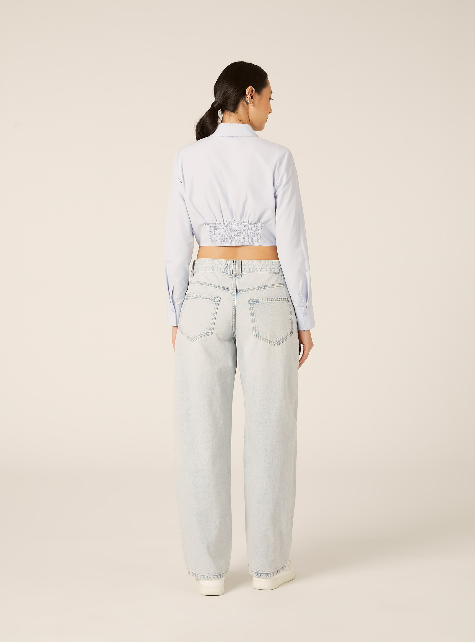 Camicia cropped in popeline, AZZURRO CHIARO
