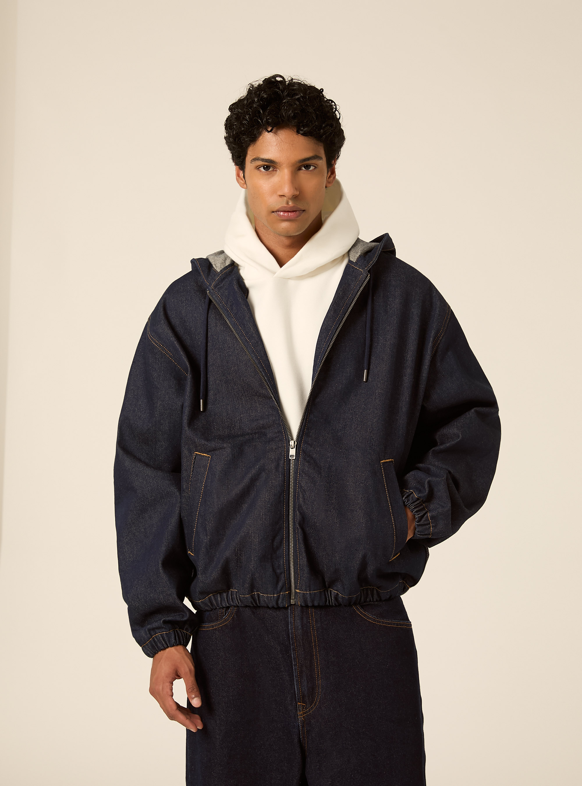 Hooded denim bomber jacket, D001 DEEP BLUE