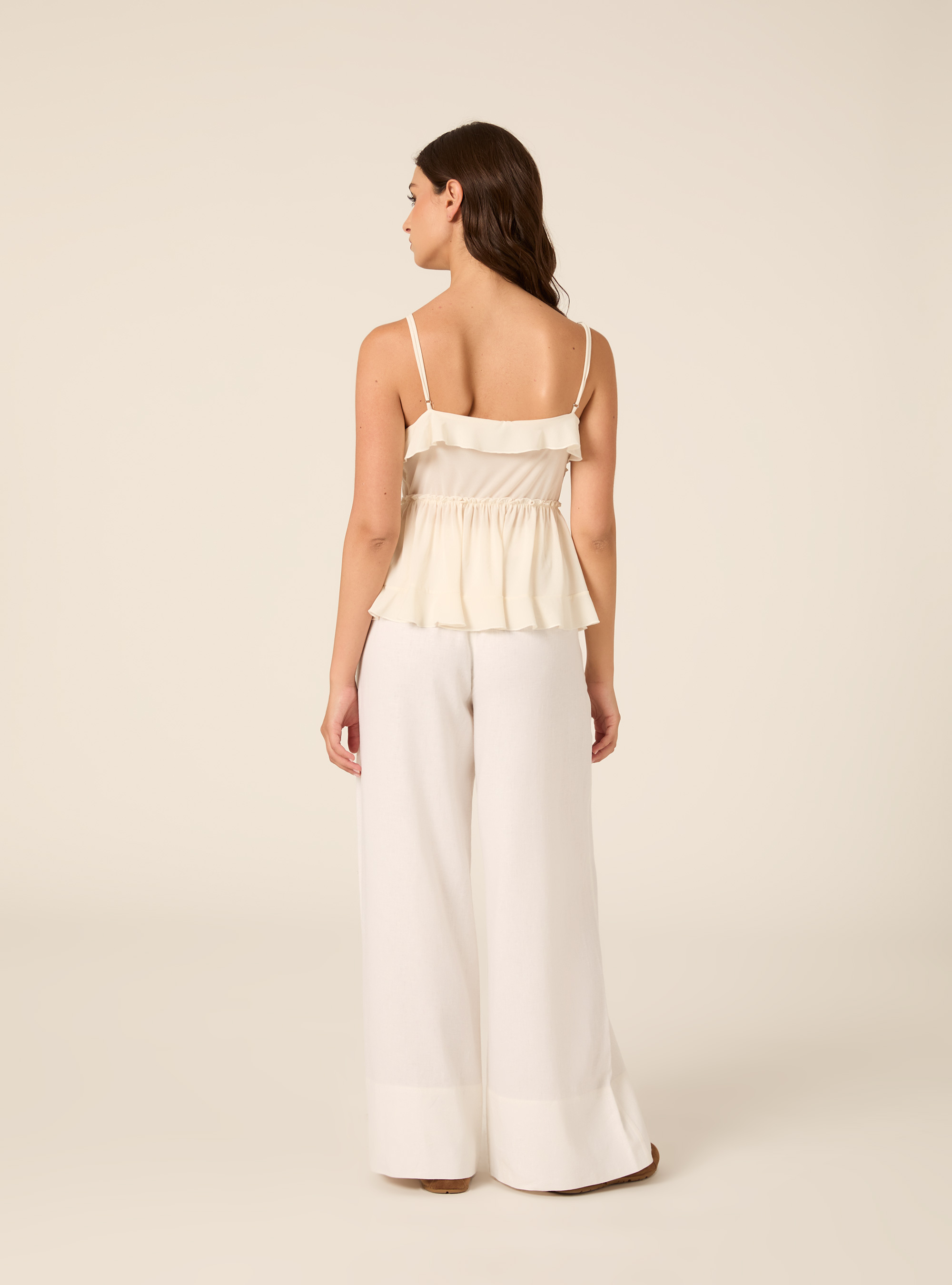Ruffled Cami Top with Front Tie Details, WH1 OFF WHITE