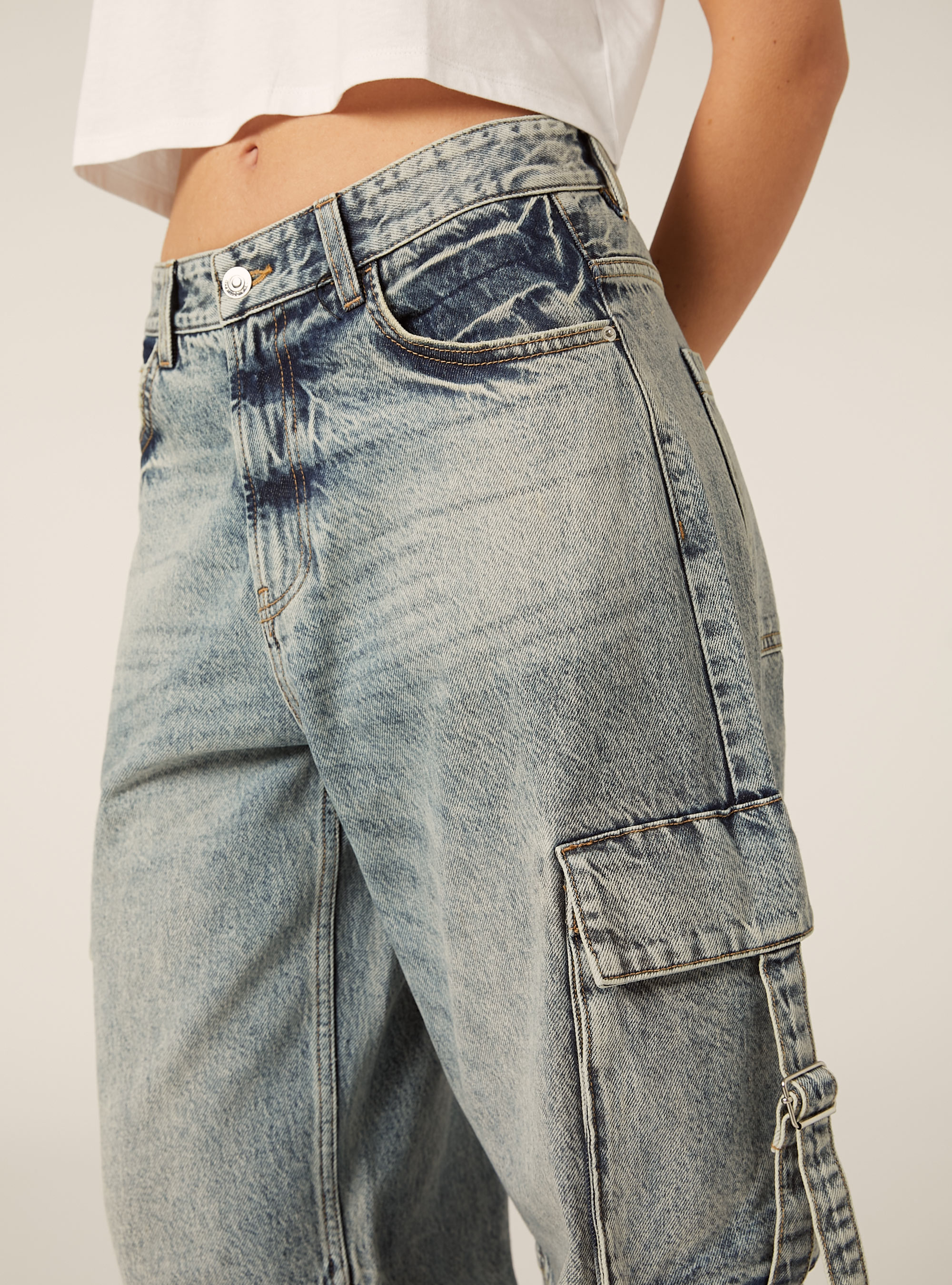 Baggy-fit cargo jeans with drawstrings, D006 AZURE