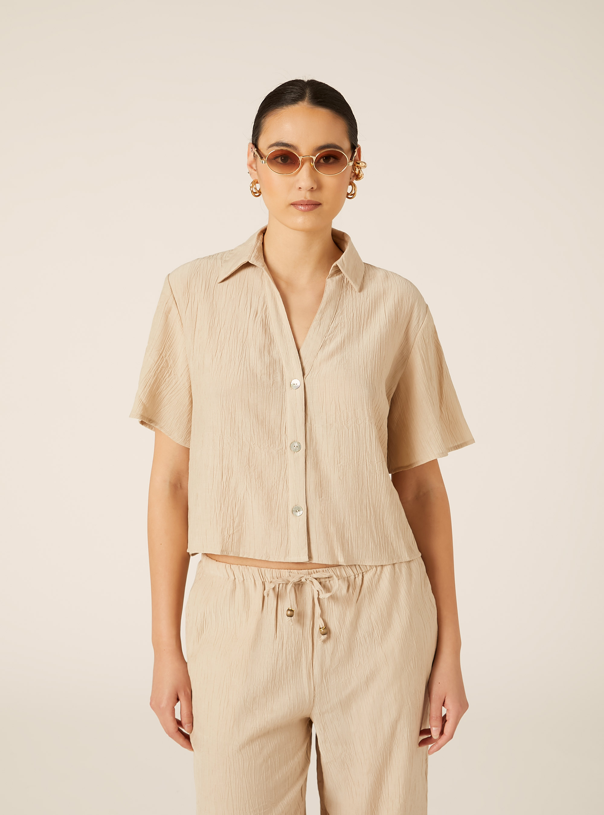 Camicia maniche corte in crepe, BEIGE MEDIO