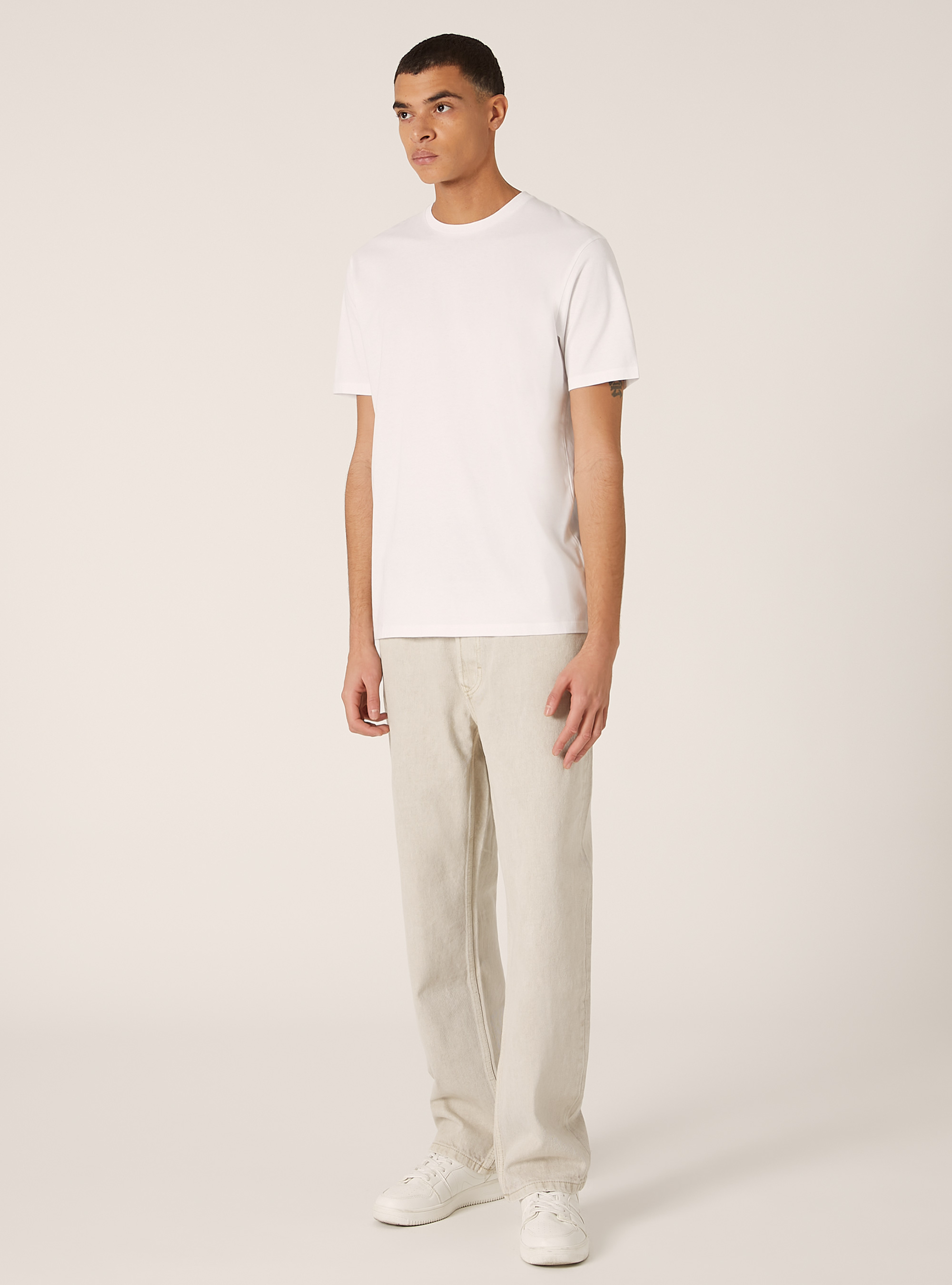 T-shirt en coton &agrave; col ras du cou, WH3 WHITE