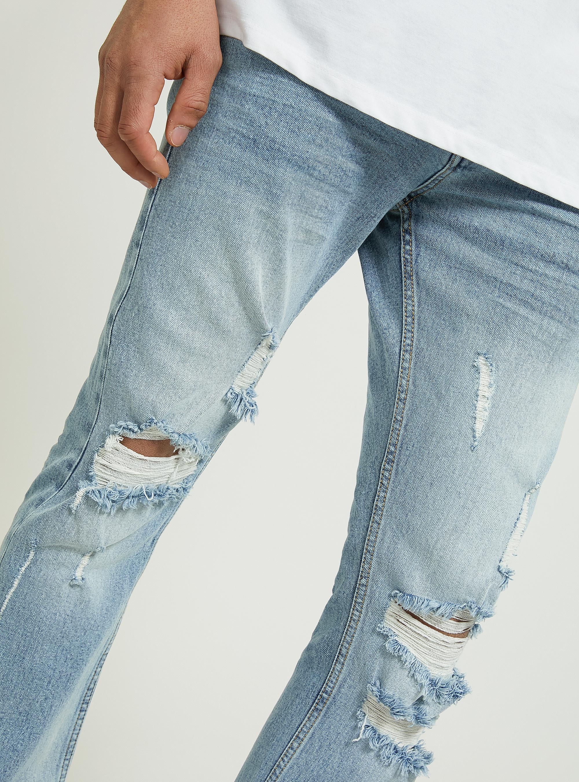 Jean slim en denim stretch avec d&eacute;chirures, D003 MEDIUM BLUE