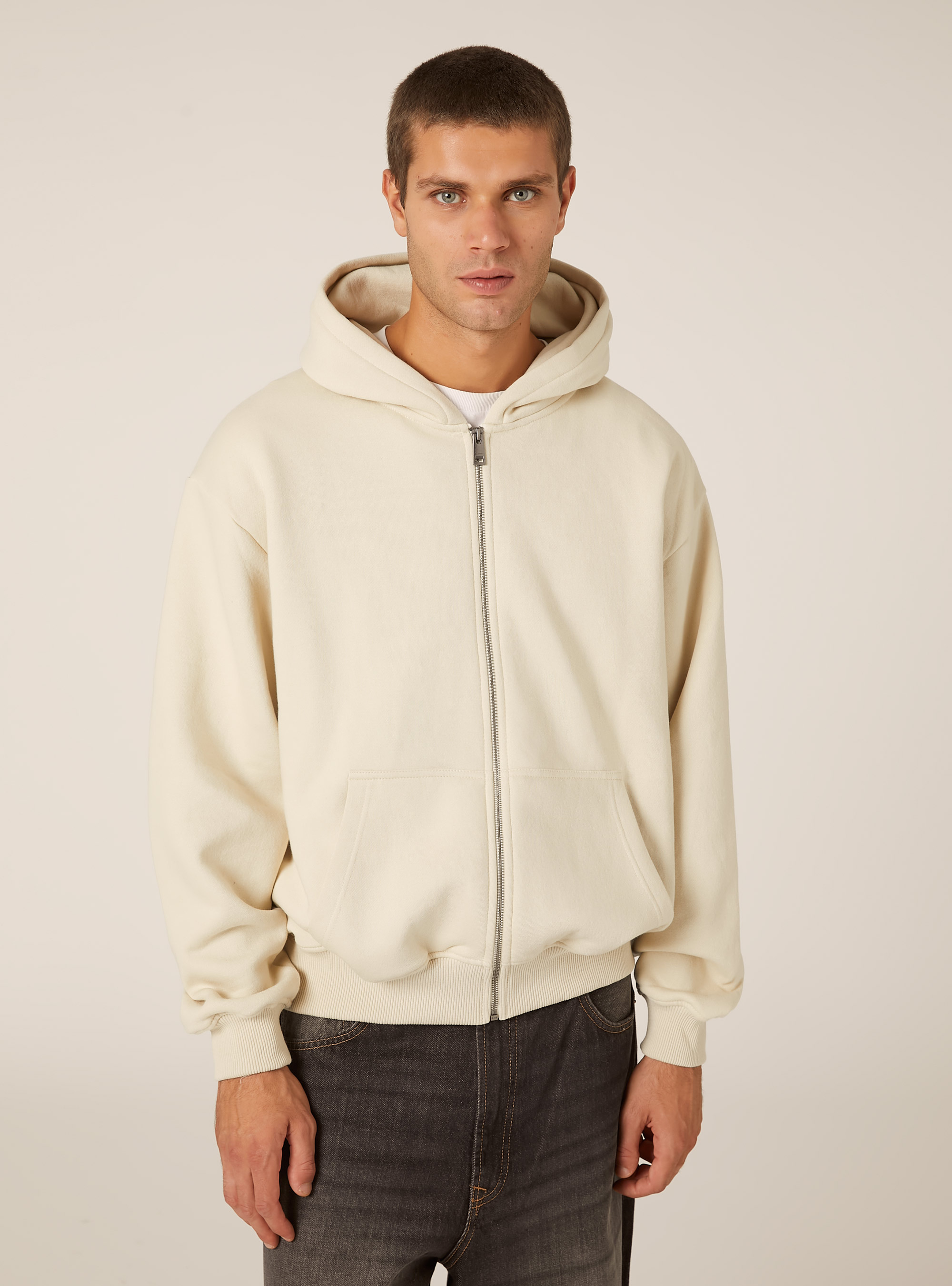 Sweat-shirt zipp&eacute; &agrave; capuche coupe boxy, CR3 CREAM LIGHT
