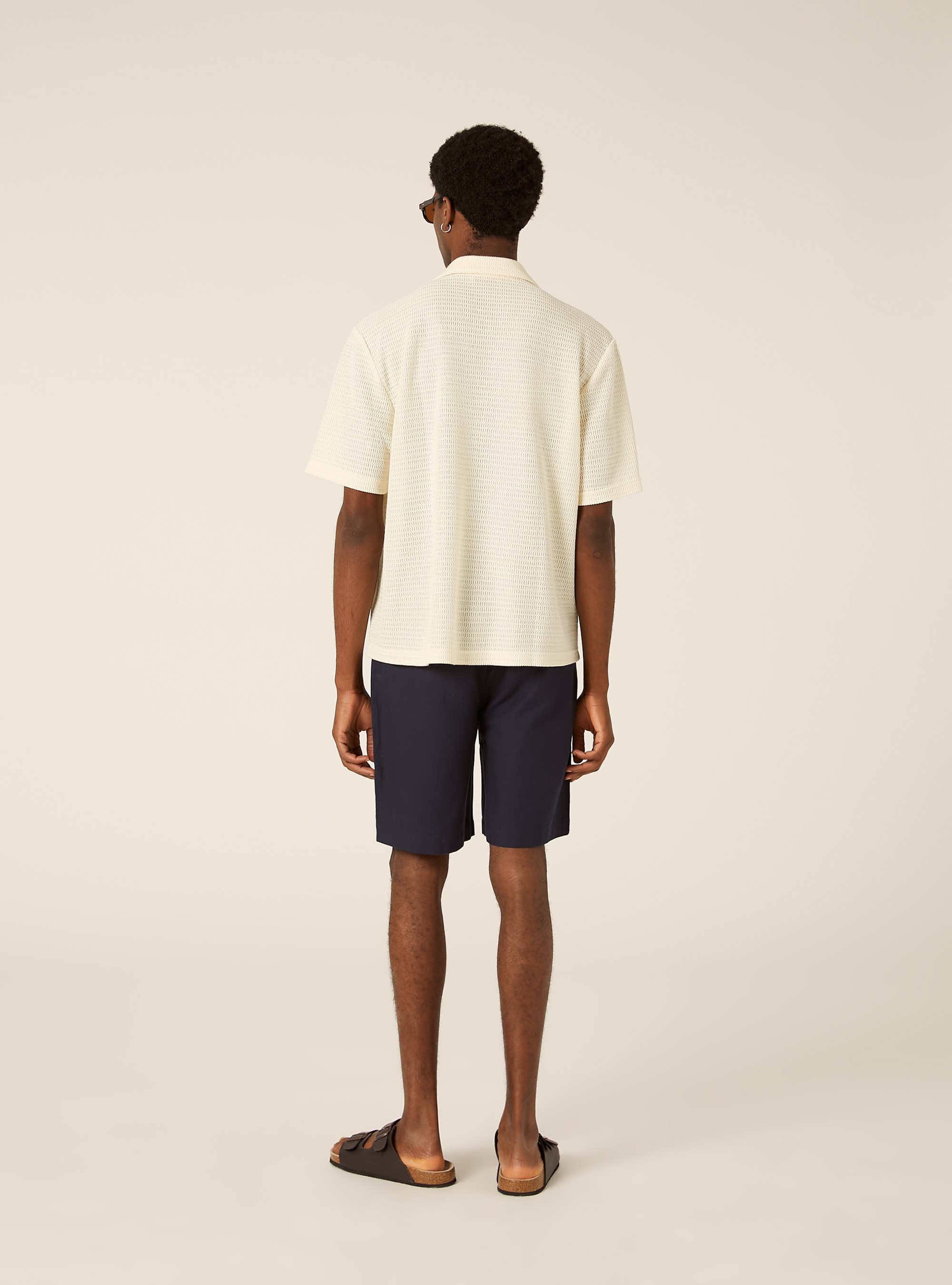 Crochet-Effect Lightweight Knit Bowling Shirt, WH1 OFF WHITE