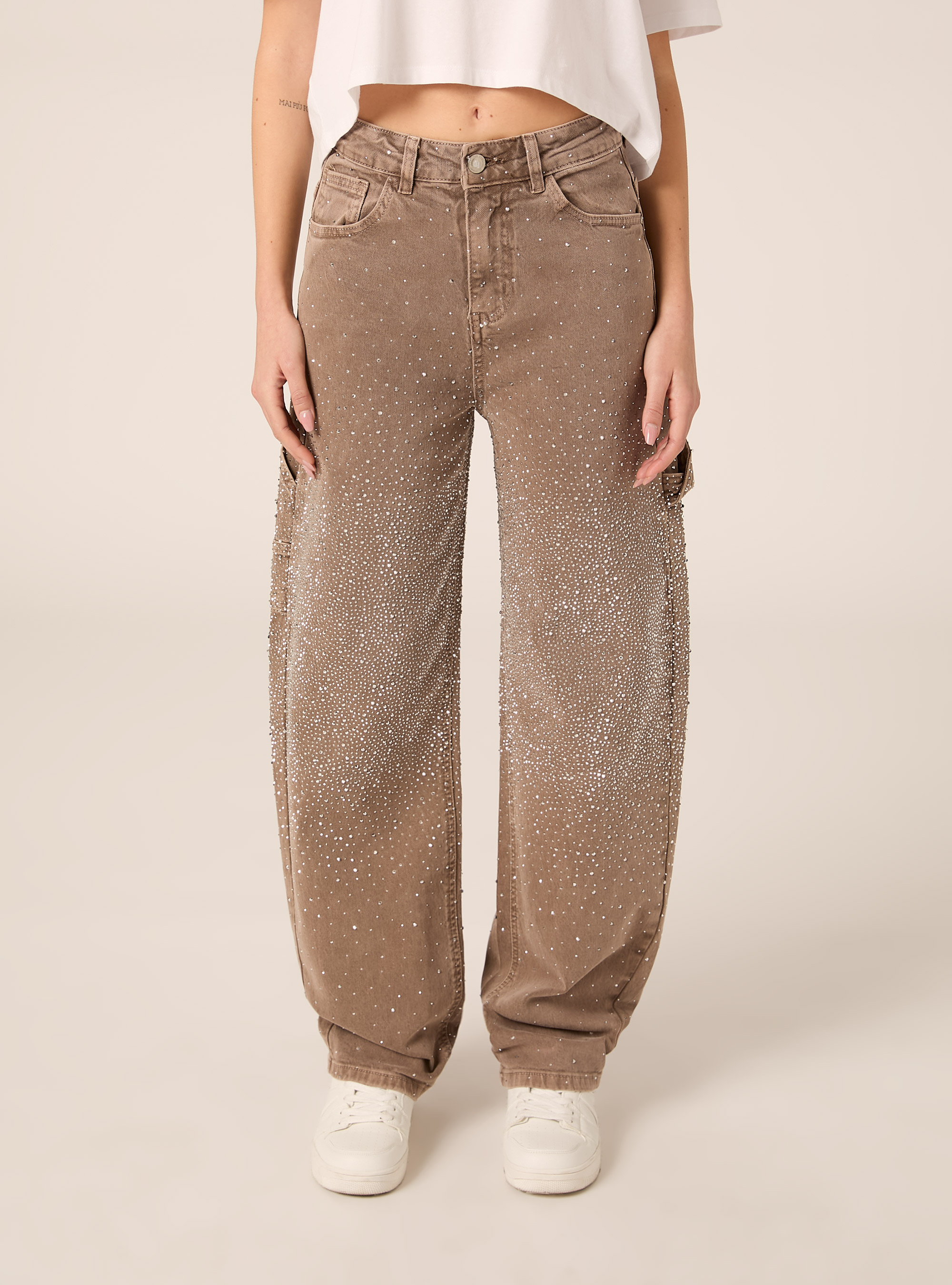 Baggy carpenter jeans colorato con strass, BR3 BROWN LIGHT