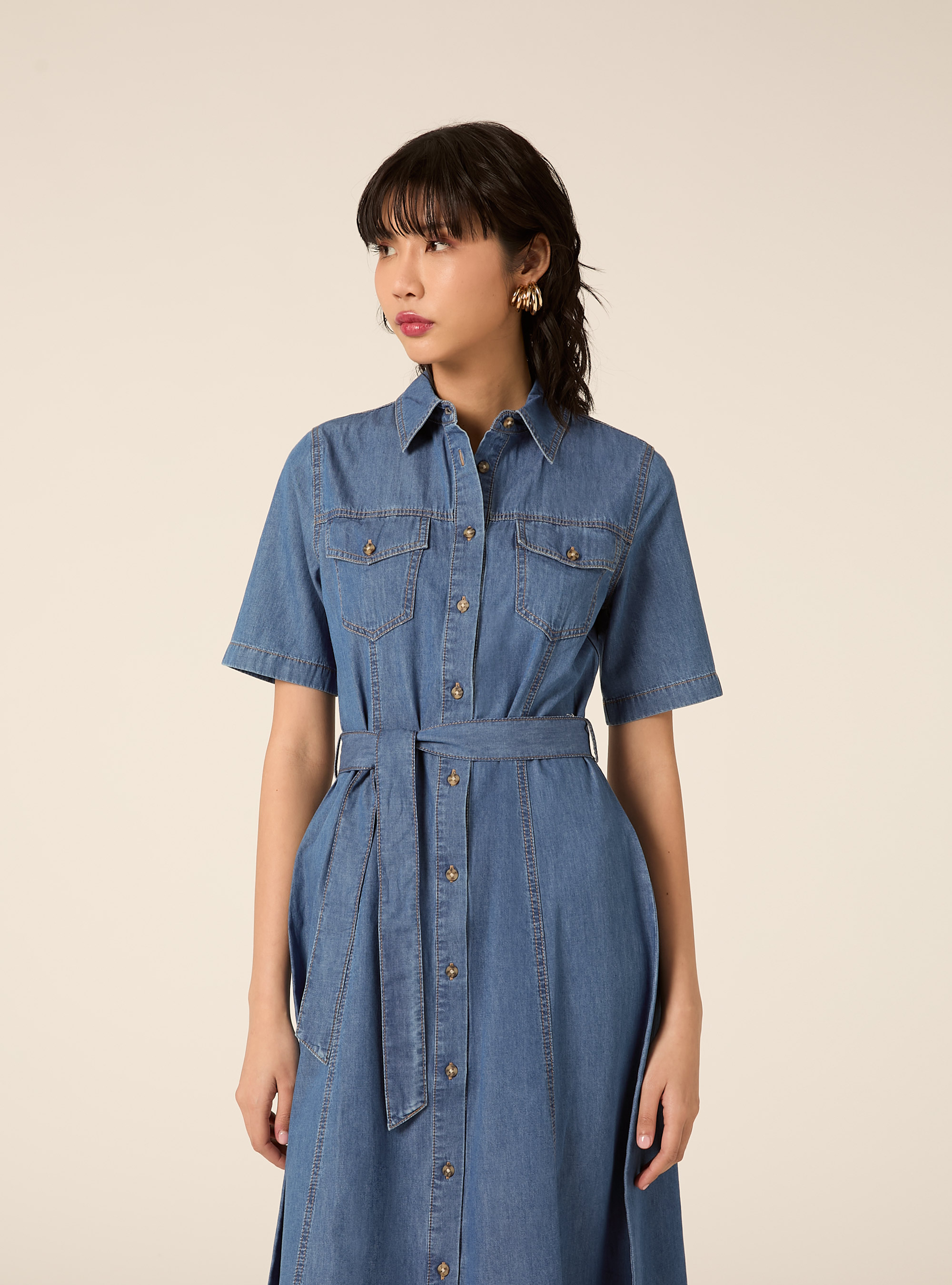 Vestido camisero de denim, D003 MEDIUM BLUE