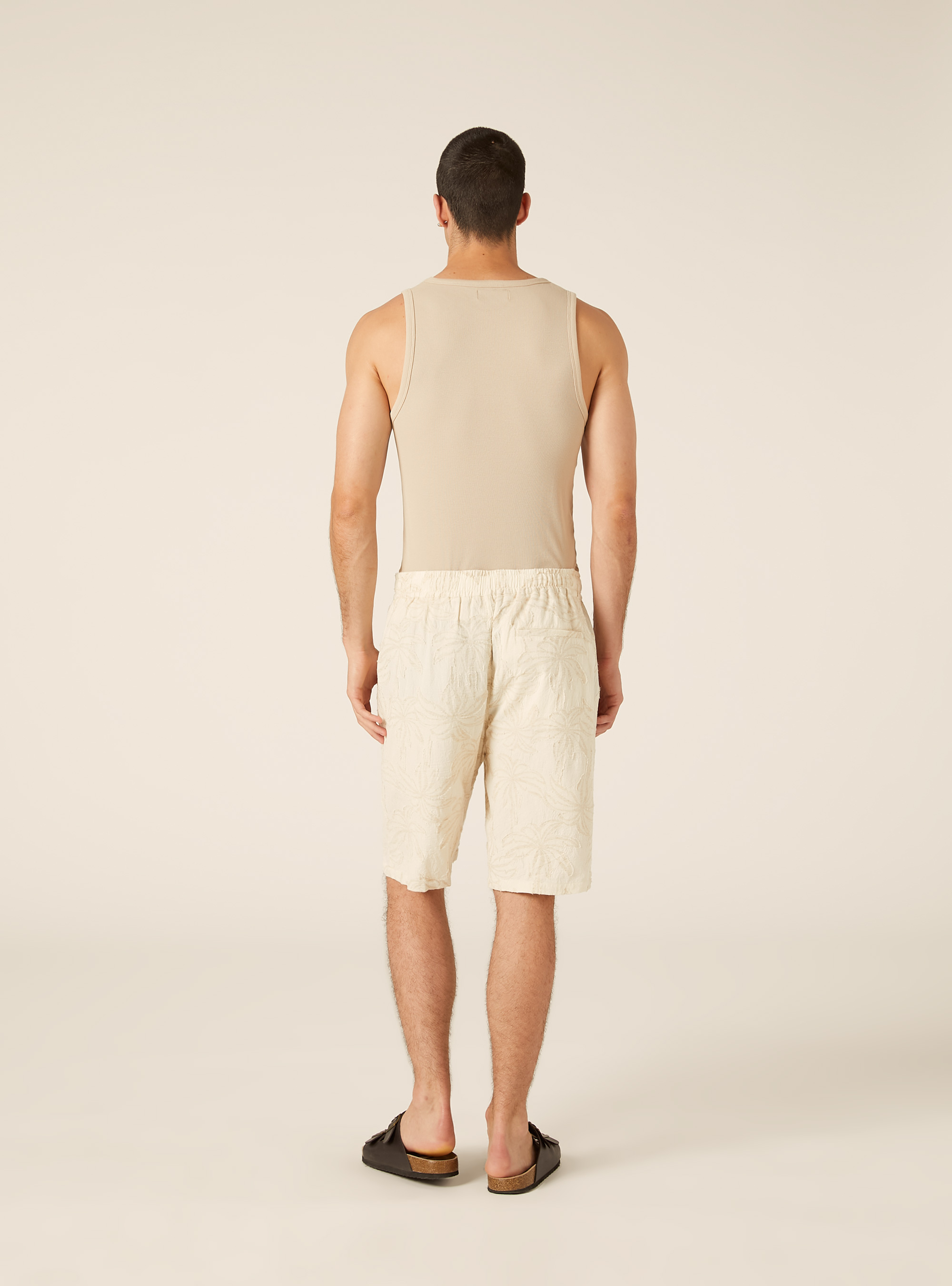 Bermuda en M&eacute;lange de Lin Jacquard Motif Palmiers, CR3 CREAM LIGHT