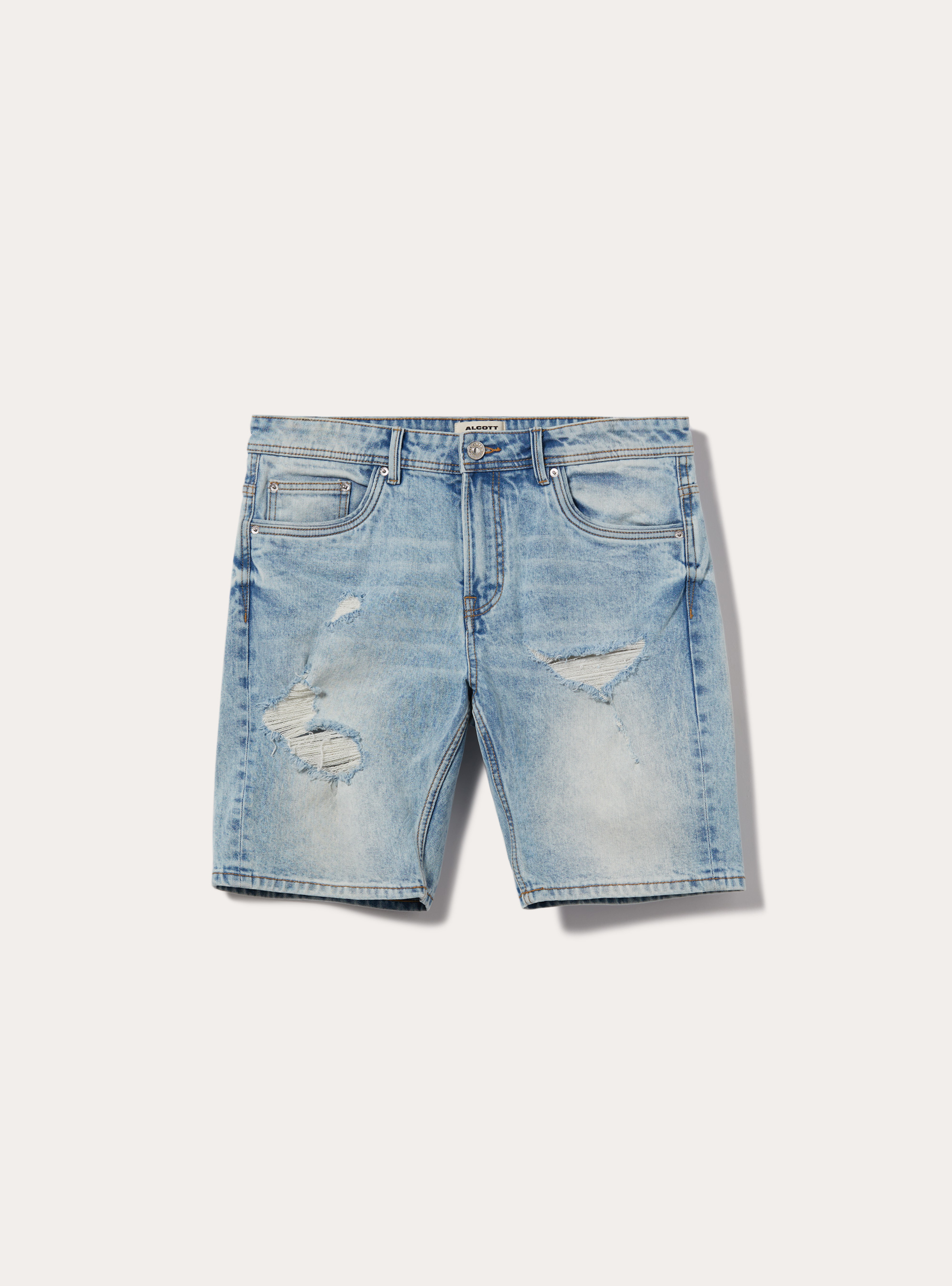 Bermuda in denim stretch slim fit con strappi, D007 LIGHT AZURE