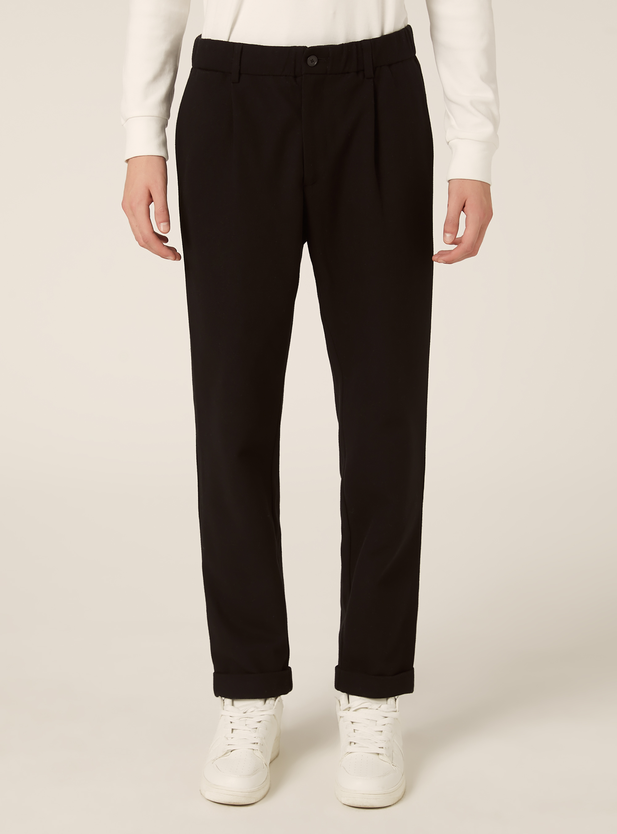 Pantalon &agrave; pinces effet flanelle, BK1 BLACK