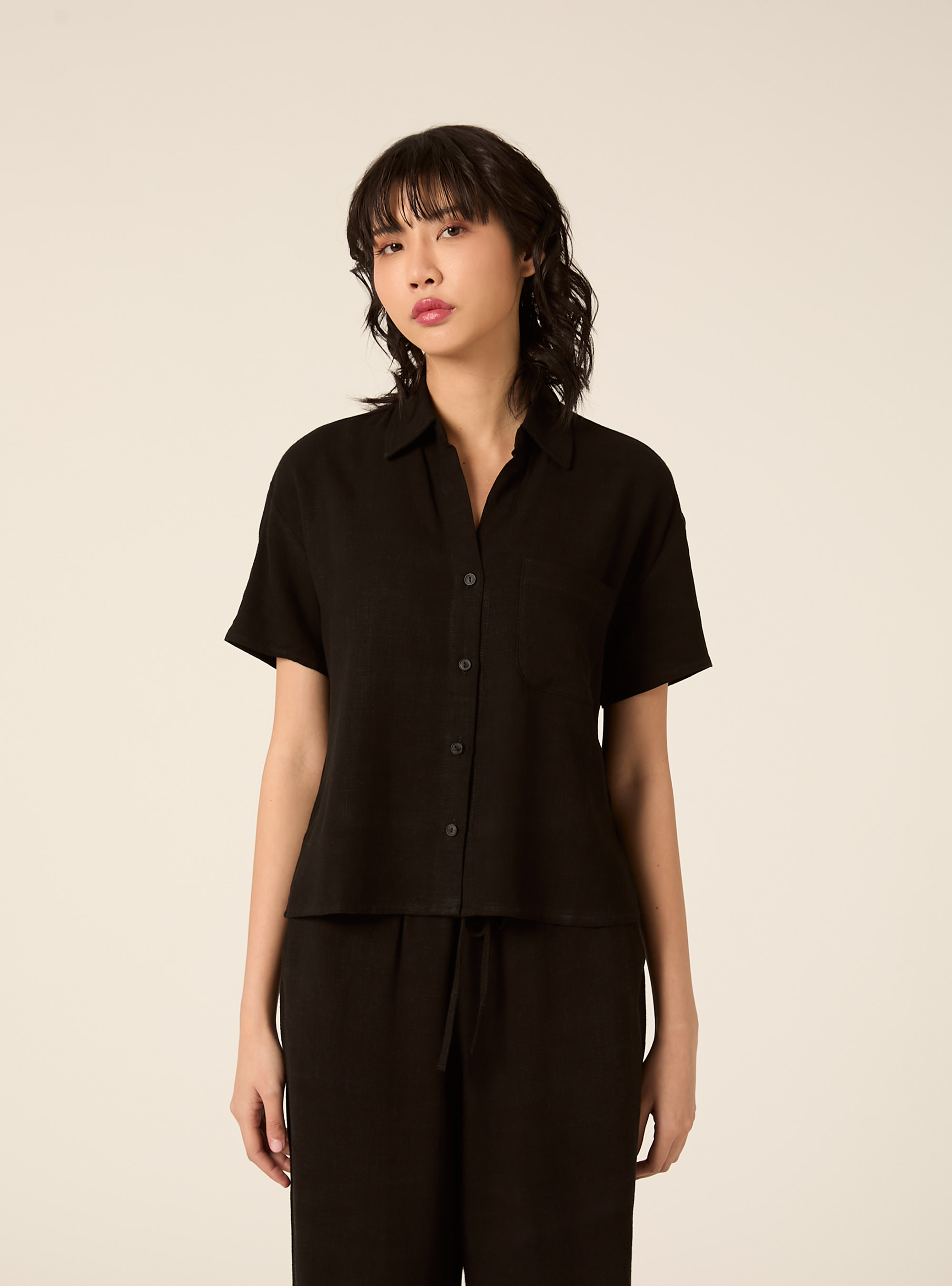 Cropped-Hemd aus Leinenmischung, BK1 BLACK