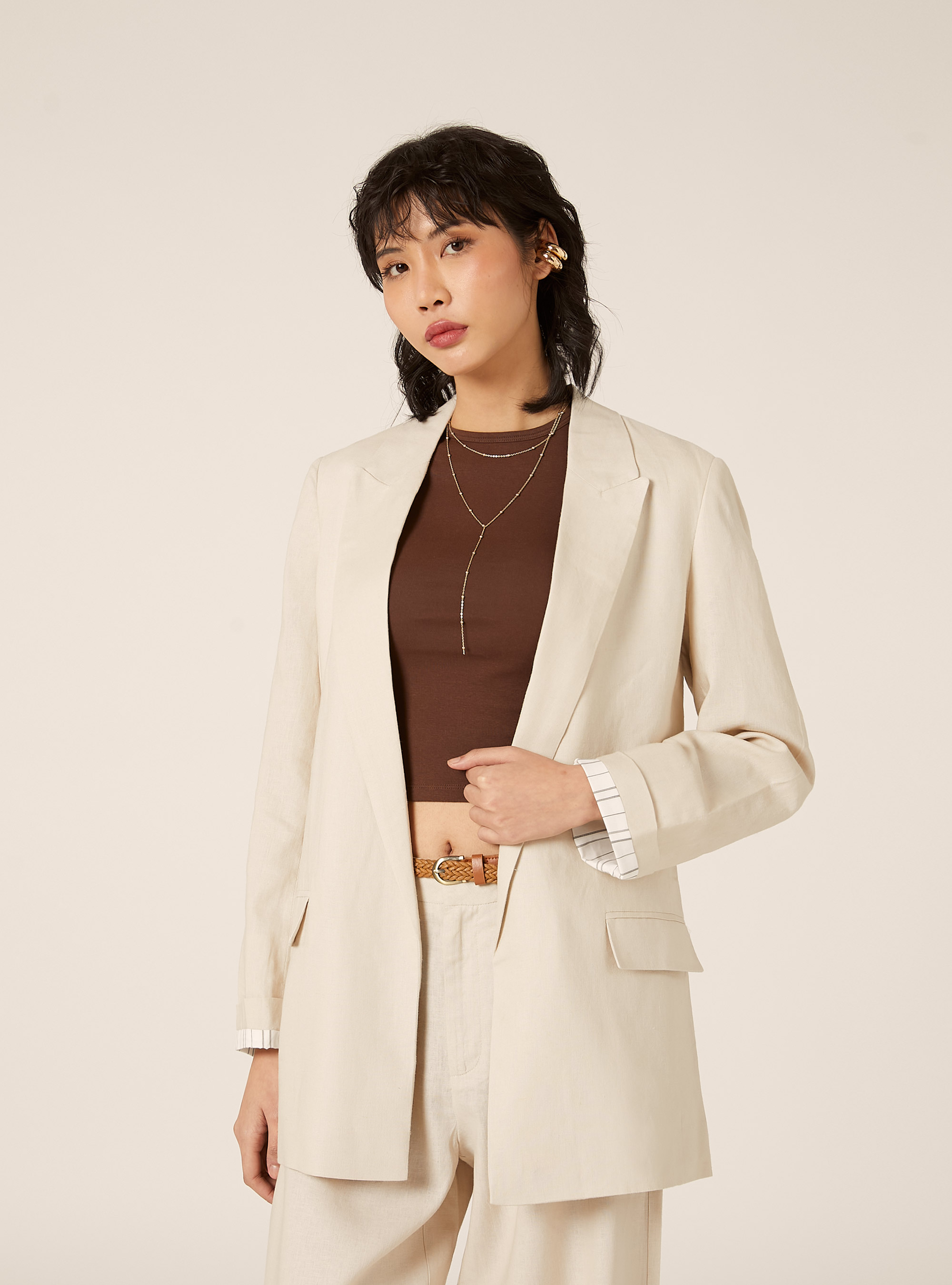 Open Linen Blend Blazer, BG2 BEIGE MEDIUM