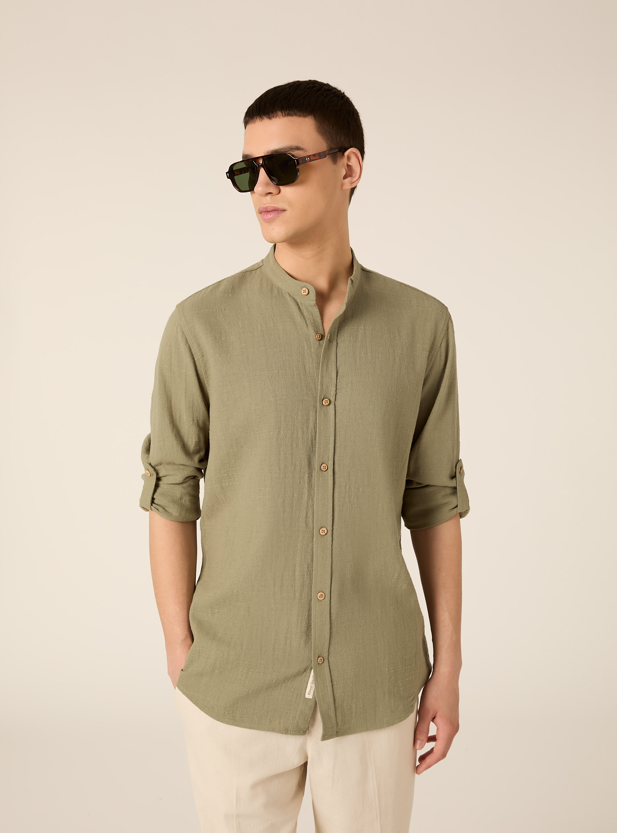 Camicia in misto lino con collo alla coreana, KAKY MEDIO
