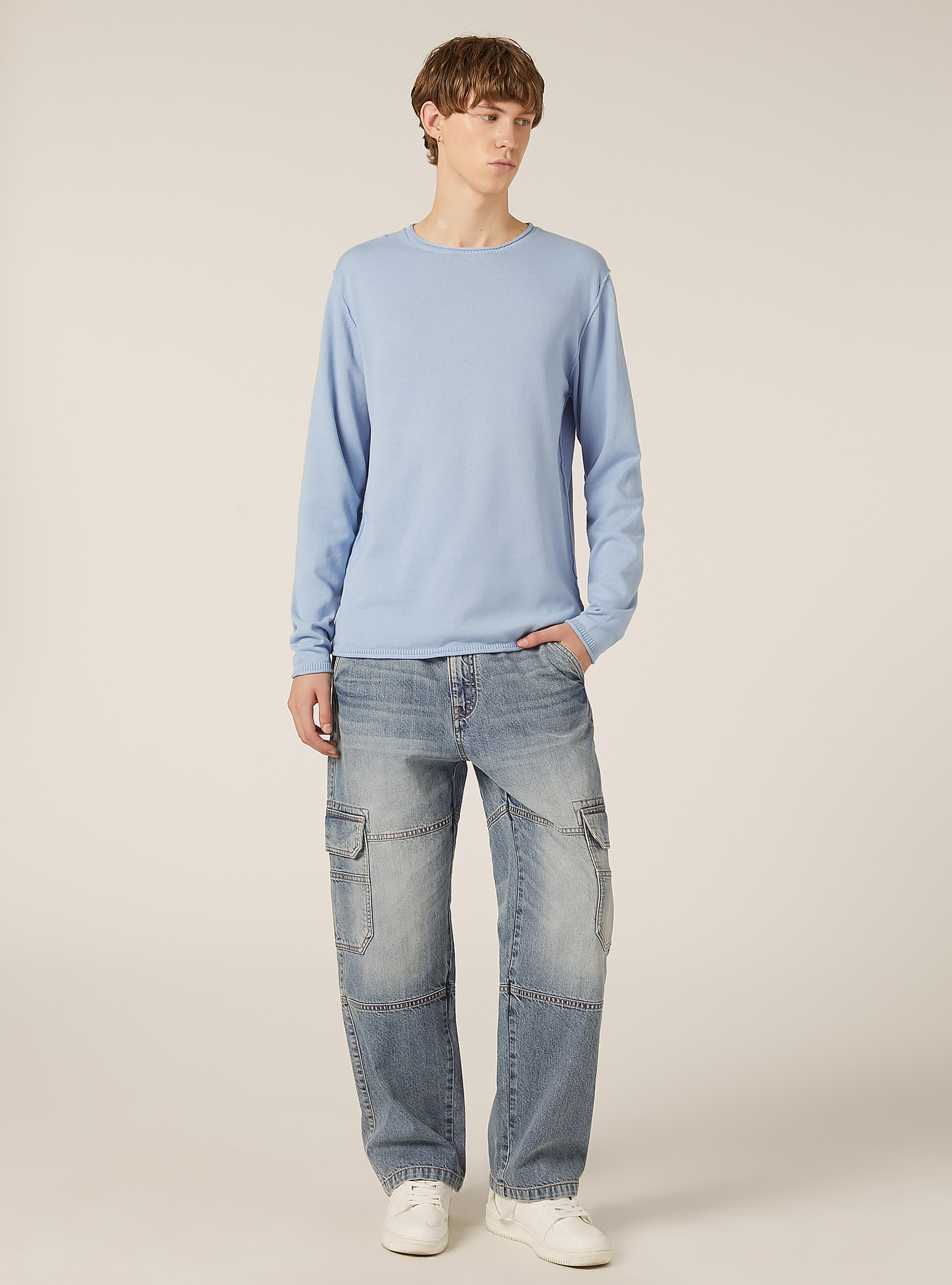 Raw cut pullover with roll neck, AZ2 AZURE MEDIUM