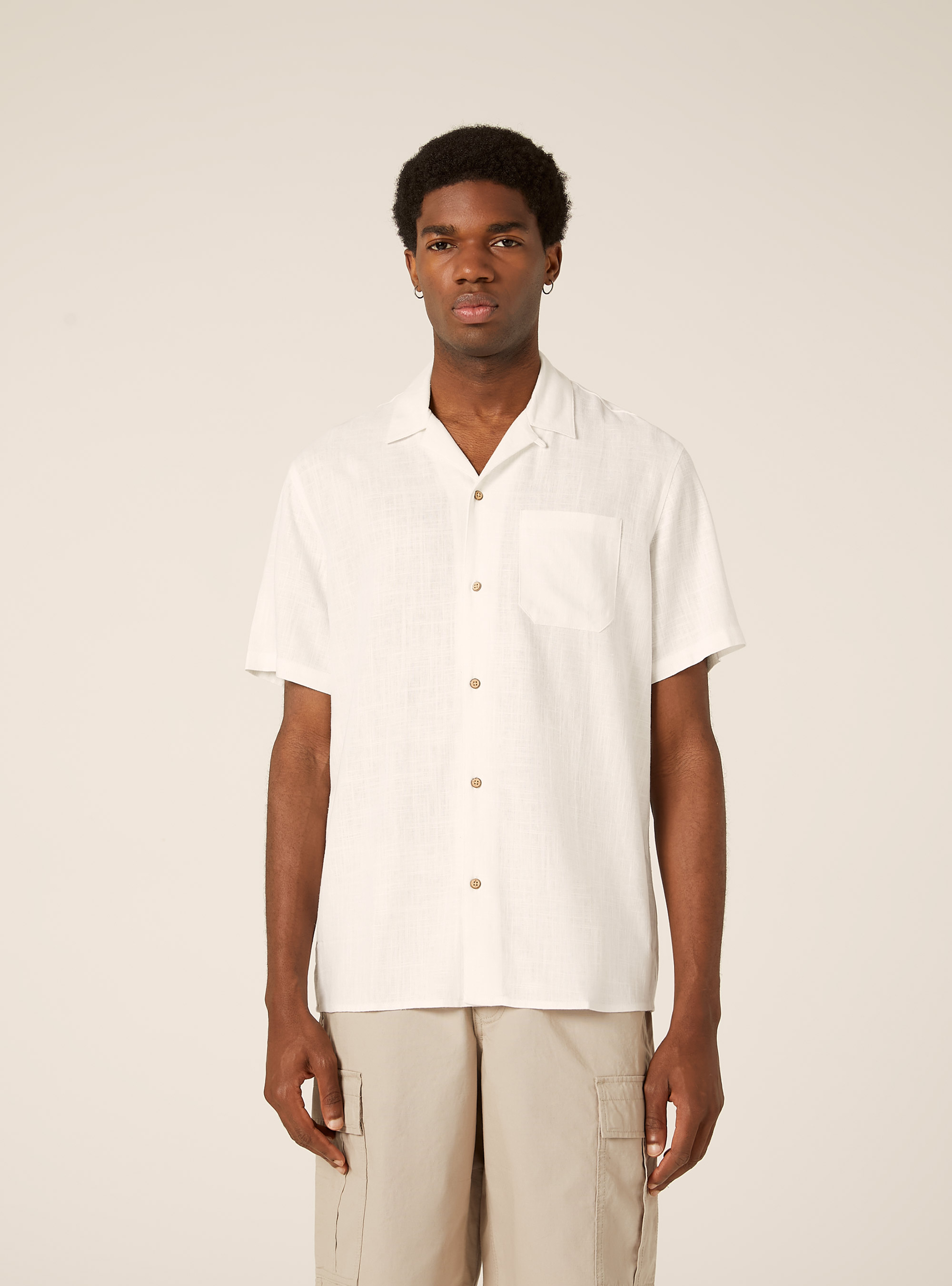 Linen blend shirt with bowling collar, WH1 OFF WHITE