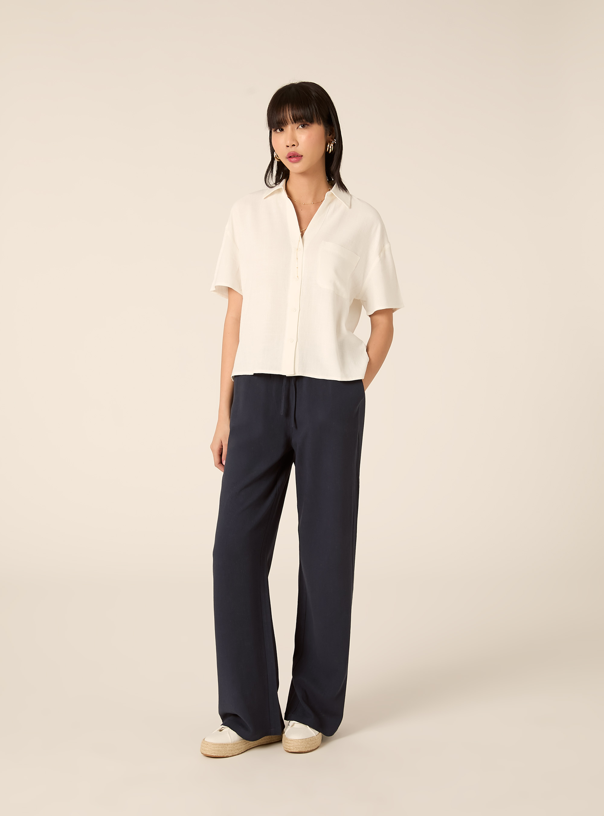 Camicia cropped in misto lino, PANNA